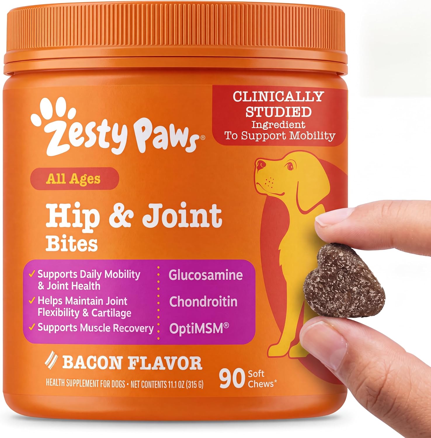 Zesty Paws Hip and Joint Supplement for Dogs - Glucosamine with Chondroitin, MSM, Vitamins C and E Dog Joint Relief - Mobility Bites Duck – 90 Count