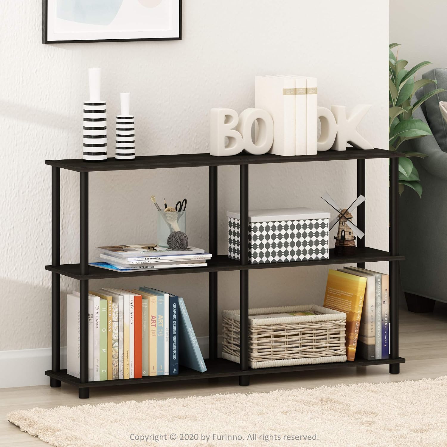 Furinno TURN-N-TUBE Storage Shelves, 3-Tier 47.4 Wide Book Shelf, Corner Shelf, Toolless Open Shelves, for Organization and Storage, Living Room, Garage, Home Office, Black