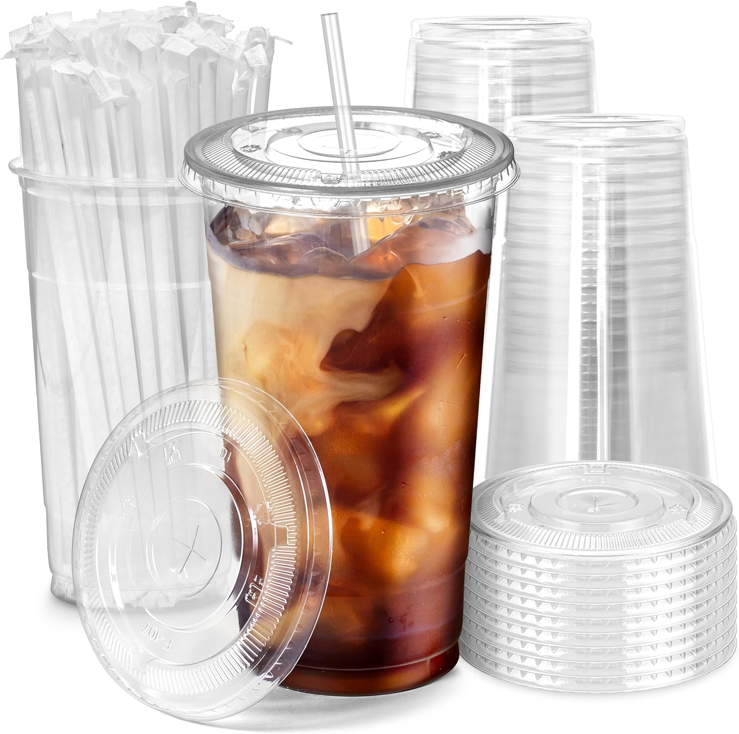 Fit Meal Prep 100 Pack 16 oz Clear Plastic Cups with Flat Lids, Disposable Iced Coffee Cups, BPA Free Premium Crystal Smoothie Cup for Party, Lemonade Stand, Cold Drinks, Juice, Milkshake