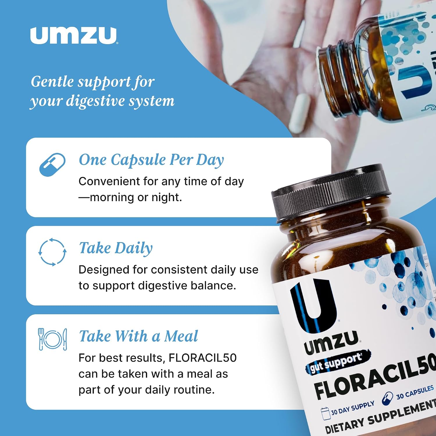 UMZU Floracil50 Probiotic Supplement, 50 Billion CFU, 30 Day Supply | Lactobacillus Acidophilus, Rhamnosus and Plantarum