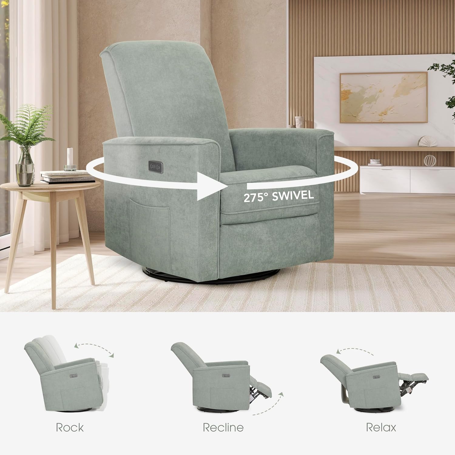 évolur Harlow Upholstered Power Glider Recliner with USB Charging – Rocking & 275° Swivel with Smooth Glide – Greenguard Gold & FSC