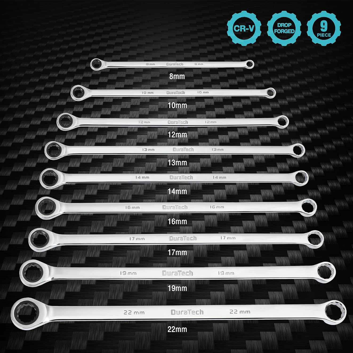 DURATECH Extra Long Ratcheting Wrench Set, Double Box End, Metric, 9-Piece
