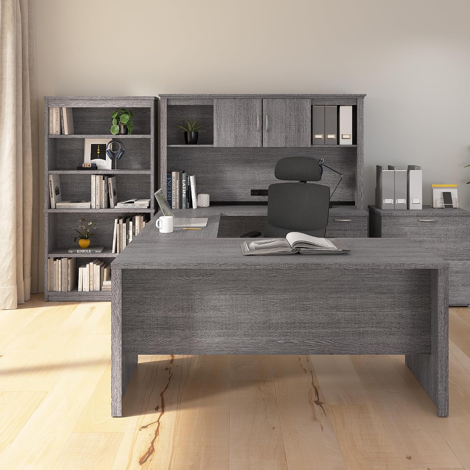 Bestar U or L Shaped with Hutch and File Cabinet, Bark Grey, Logan, 66W