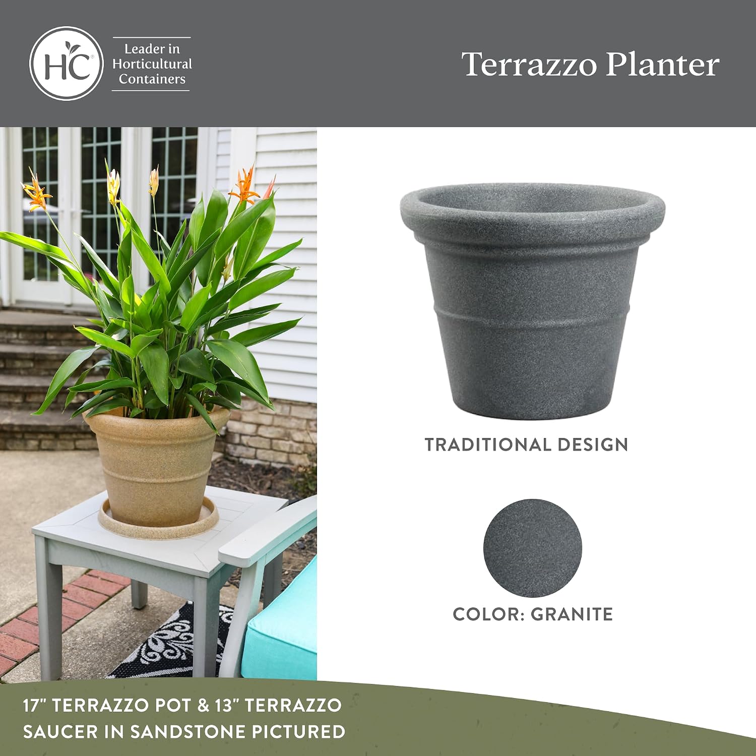 The HC Companies Terrazzo Large Round Plastic Plant Pot w/Rolled Rim - Lightweight & UV Resistant Gardening Pot for Herbs & More - Outdoor & Indoor Plant Pots w/Drainage (17” Black)