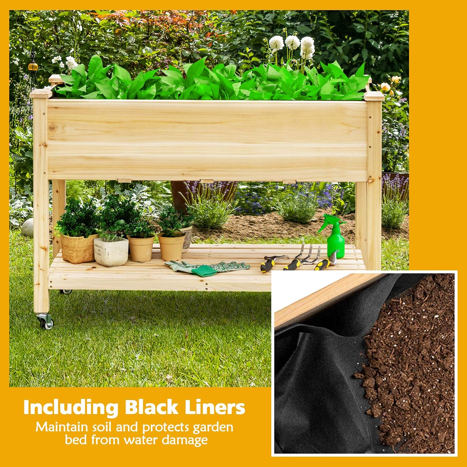 GIANTEX Raised Garden Bed on Wheels, Wood Planter Box with Legs, Liner, Drain Holes, Elevated Garden Bed for Vegetables
