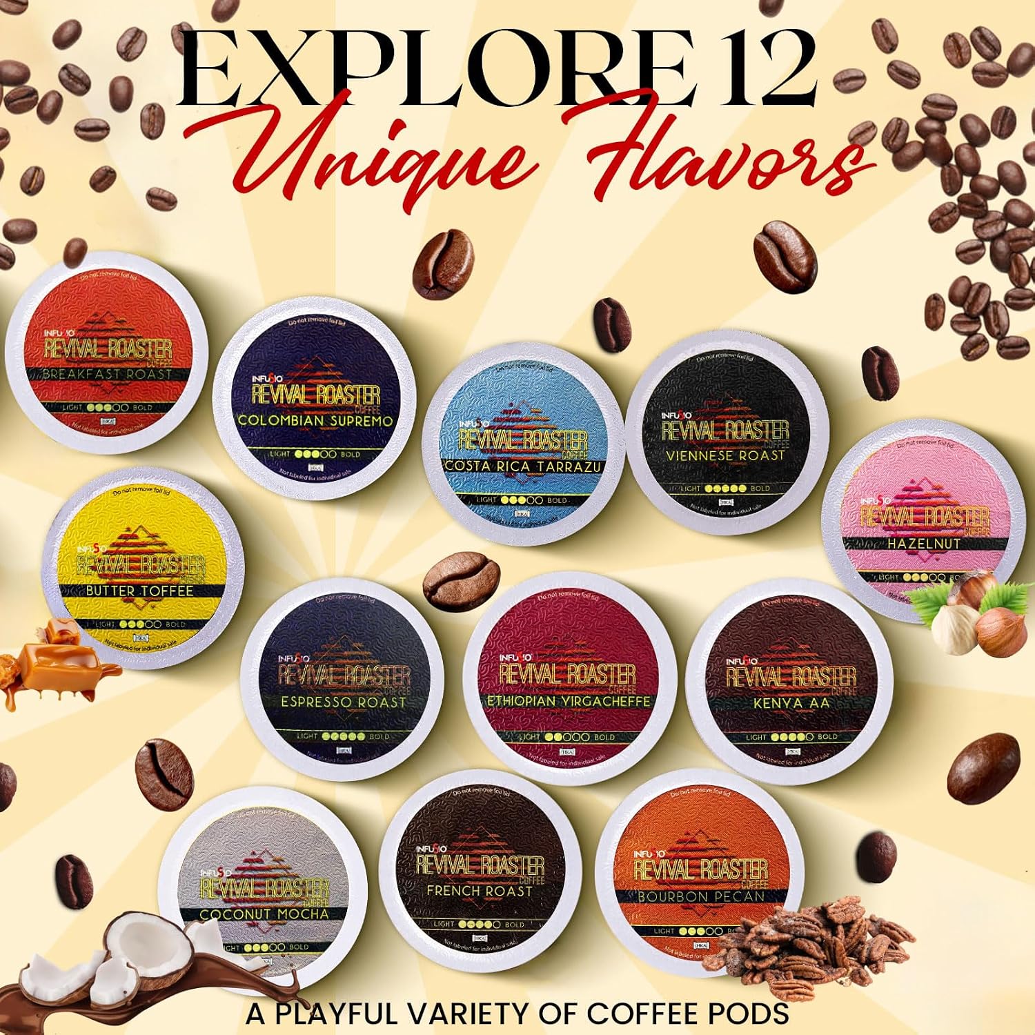 InfuSio Coffee Pods Variety Pack – 96 Count, 12 Blends of Crafted Origins and Indulgent Flavors Including Bourbon Pecan, Butter Toffee & Hazelnut, Medium & Dark Roast, No Sweeteners, Low Acid, Keurig Compatible