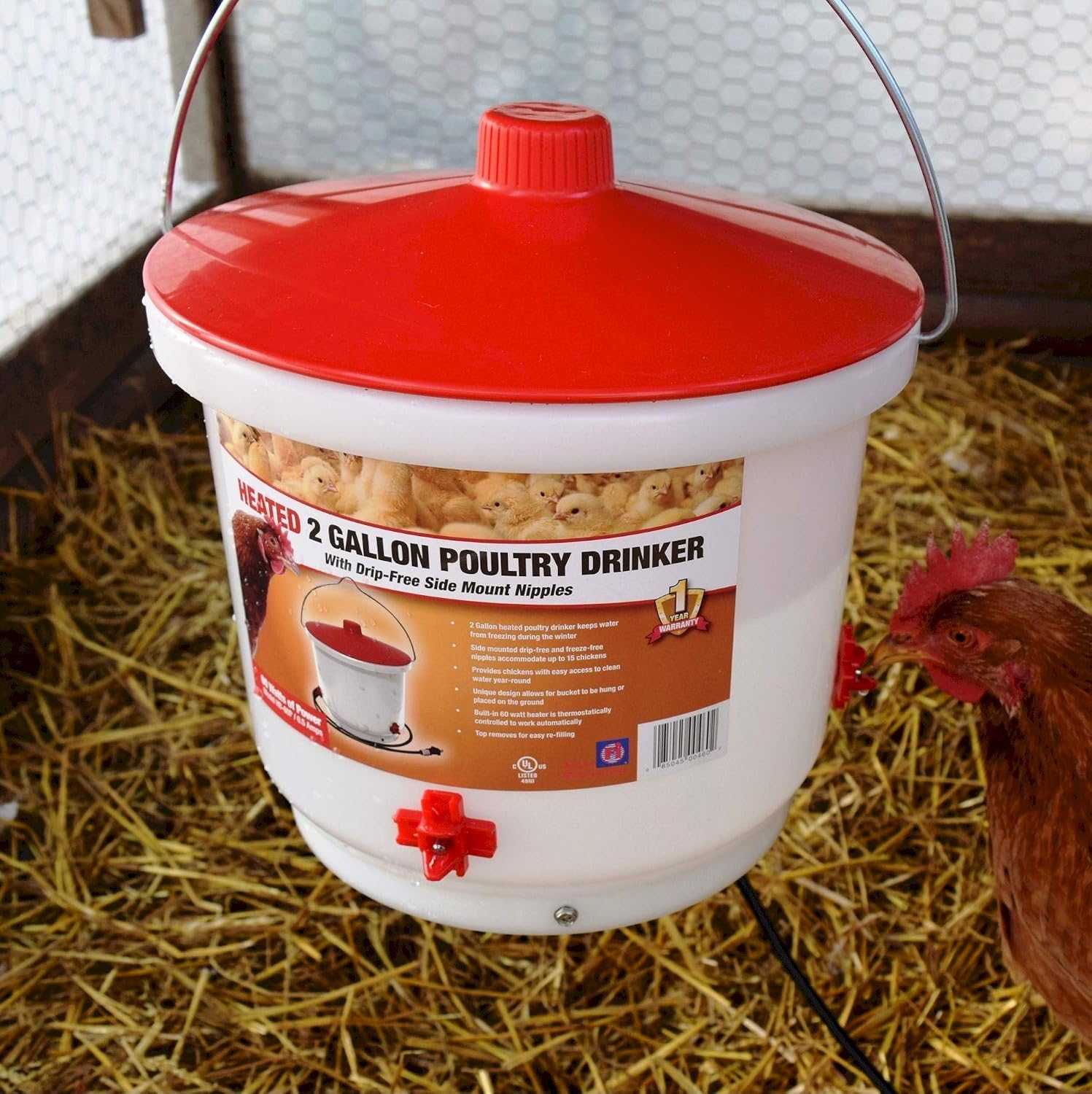 Farm Innovators HB-60P Thermostatically Controlled Heated 2 Gallon Plastic Outdoor Year Round Poultry Chicken Water Bucket Drinker, White/Red | Thermostatically controlled to keep water from freezing, side mounted drip-free/freeze-free nipples for up to…