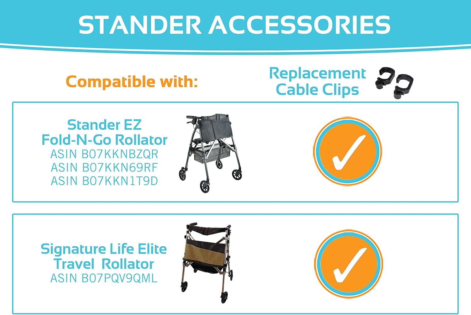Stander Replacement Cable Clips, Clasps for Rolling Walker Brake Cords, Walking Aid Accessories