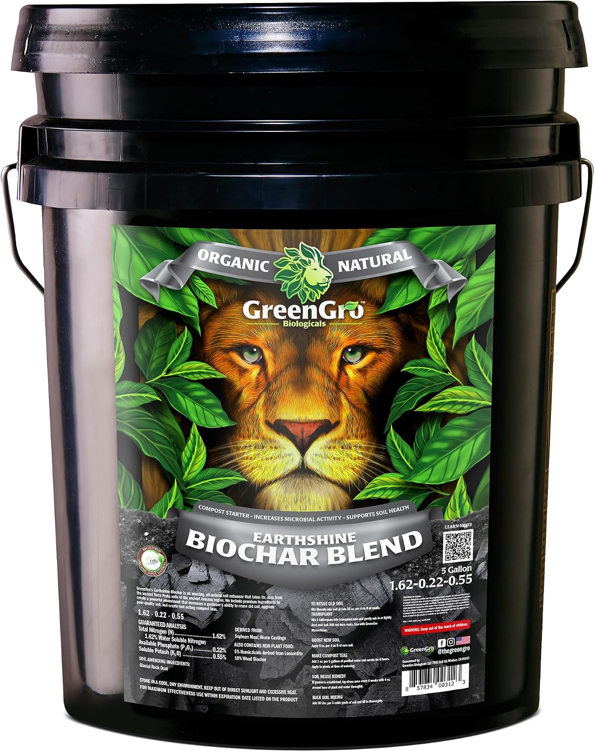GreenGro Earthshine Biochar & Humic Acid Blend, Activated Charcoal, 2lb | Sequesters Carbon, Organic Soil Booster, Top Soil, Plant Food, Compost Tea Accelerator, Derived from Worm Castings