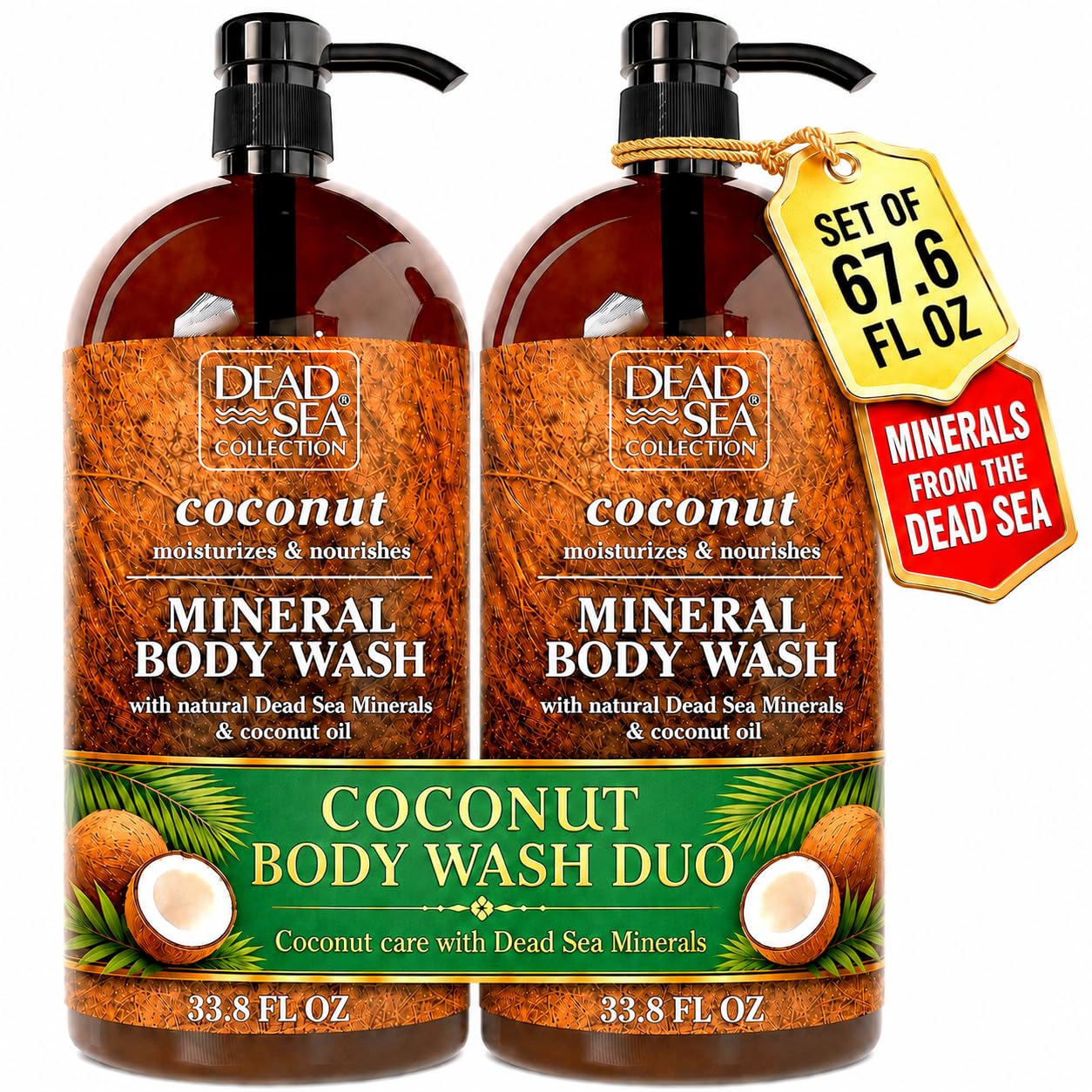 Dead Sea Collection Coconut Body Wash for Women and Men - with Pure Dead Sea Minerals and Coconut Oil - Cleanses and Moisturizes Skin - Pack of 2 (67.6 fl. oz)