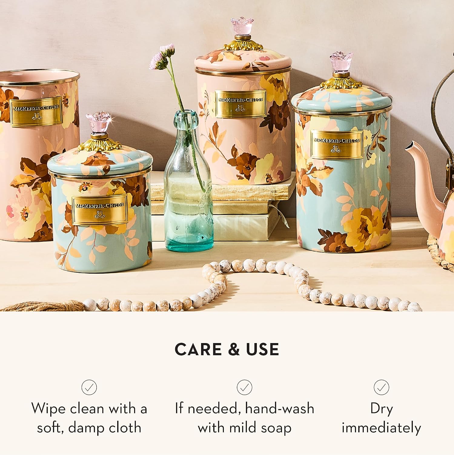 MACKENZIE-CHILDS Enamel Canister, Large, White Butterfly Garden | Hand-applied design, made from enameled steel, versatile kitchen storage container for flour and sugar, 64-ounce capacity
