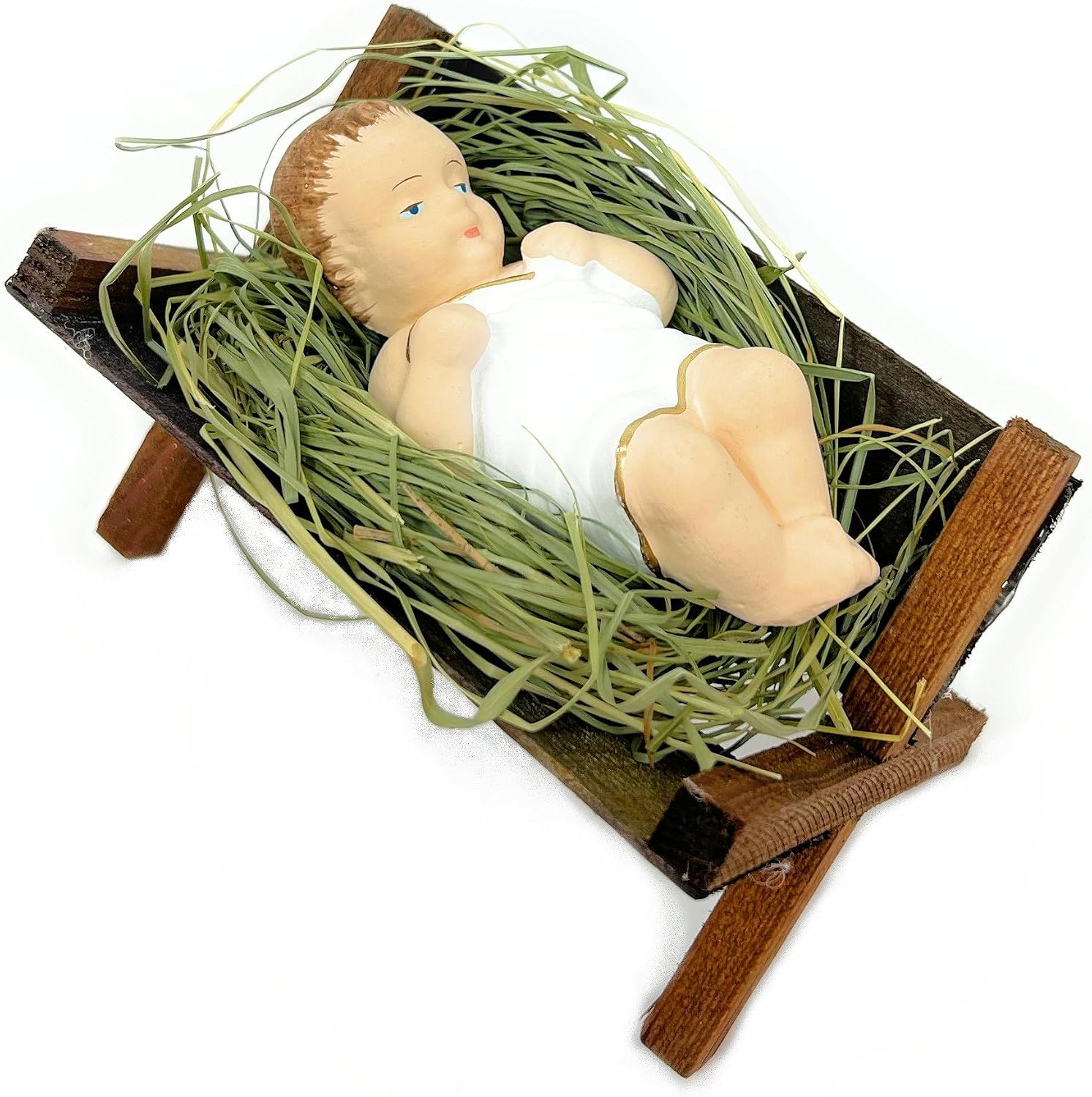 4 Inch Baby Jesus in Manger Figurine, Small Baby Jesus Manger Crib for Nativity Set on Natural Hay, Handcrafted Holy Gift Made in Poland