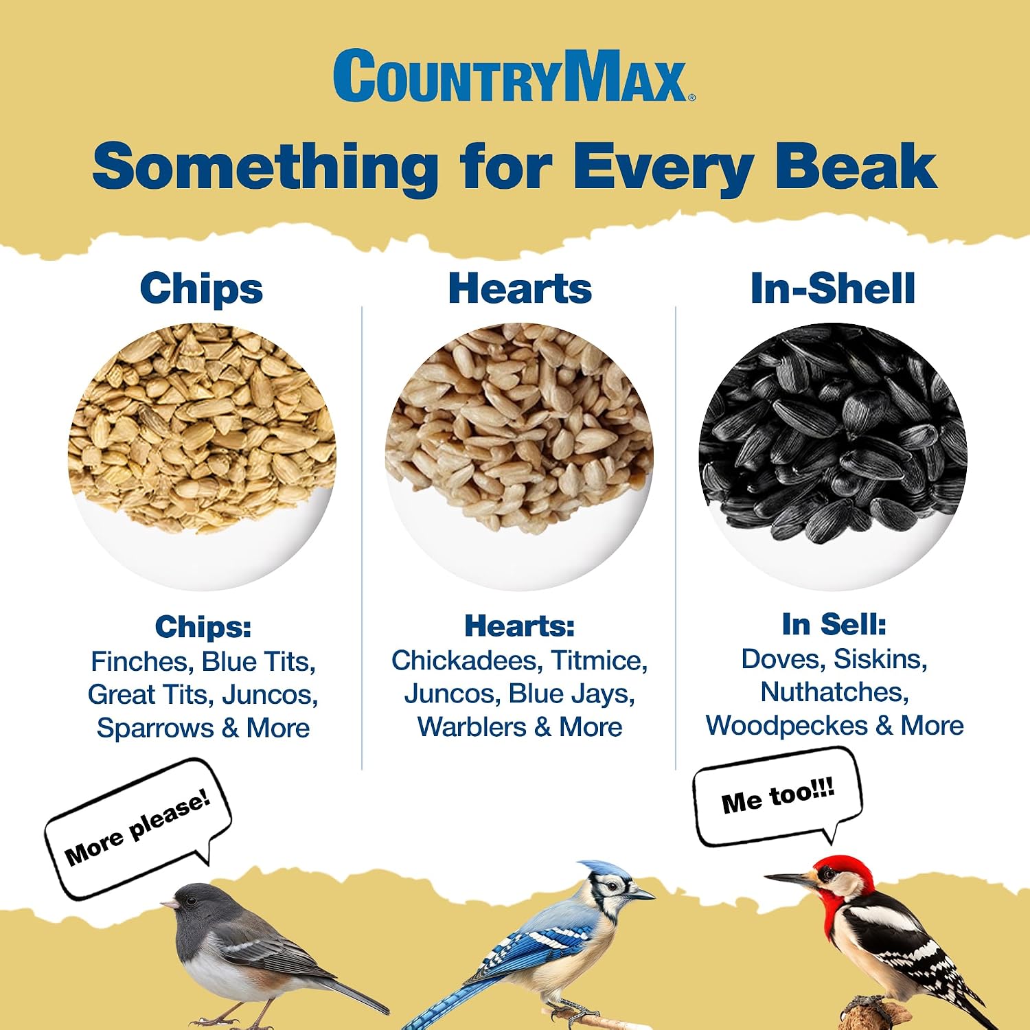 CountryMax Shelled Sunflower Chips 10 lb - No Waste Bird Seed for Outside Feeders, Resealable Bag of Wild Bird Feed | For Smaller Beaks, No Mess, No Waste. High Energy & USA Sourced. For Ground Feeding or Bird Feeders, For Year-Round Feeding