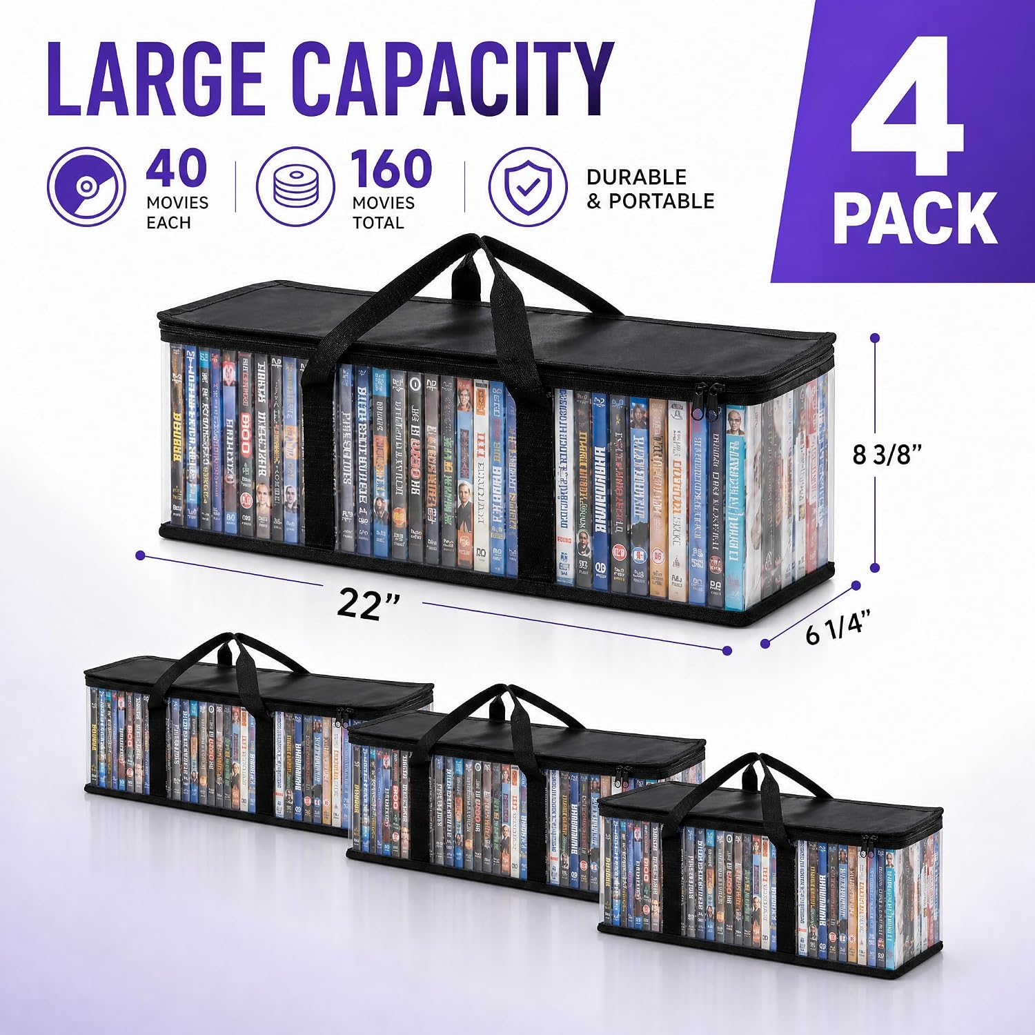 Fasmov Set of 4 DVD Storage Bags Hold up to 160 DVDs (40 Each Bag), Water Resistant DVD Holder Case with Handles