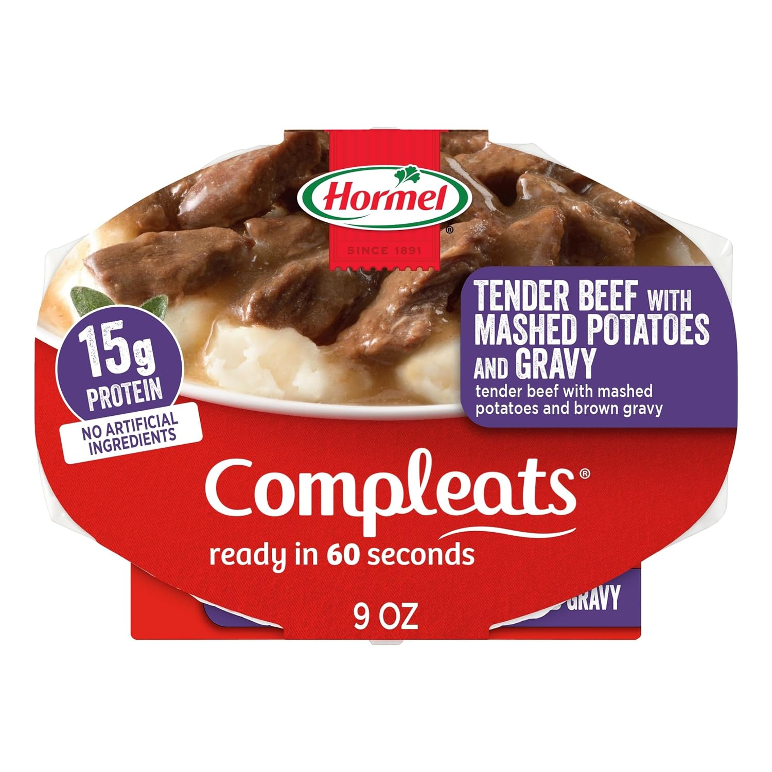 HORMEL COMPLEATS Tender Beef With Mashed Potatoes & Gravy Microwave Tray, 9 oz. (6 Pack) | Heat and Eat, Microwave Meals, Prepared Foods