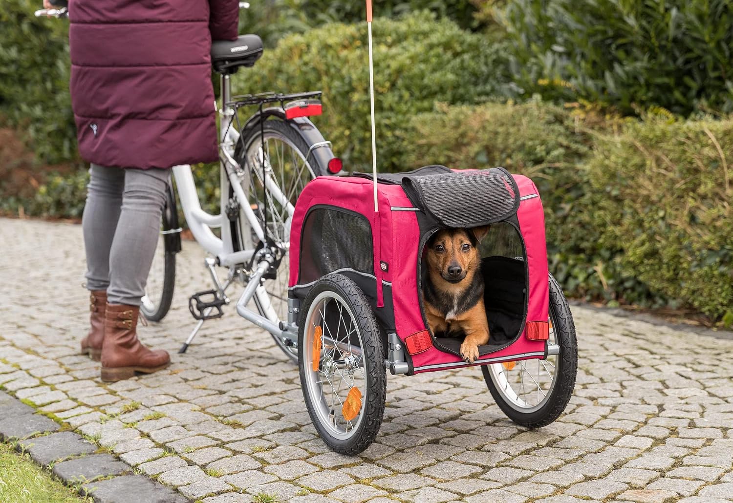 TRIXIE Medium Dog Bike Trailer - Foldable Pet Bicycle Trailer for Dogs up to 48lbs – Features Quick Fastening Wheels, 2 Doors, Safety Leash & Waterproof Carrier - 50 x 25 x 26.5in - Black/Red