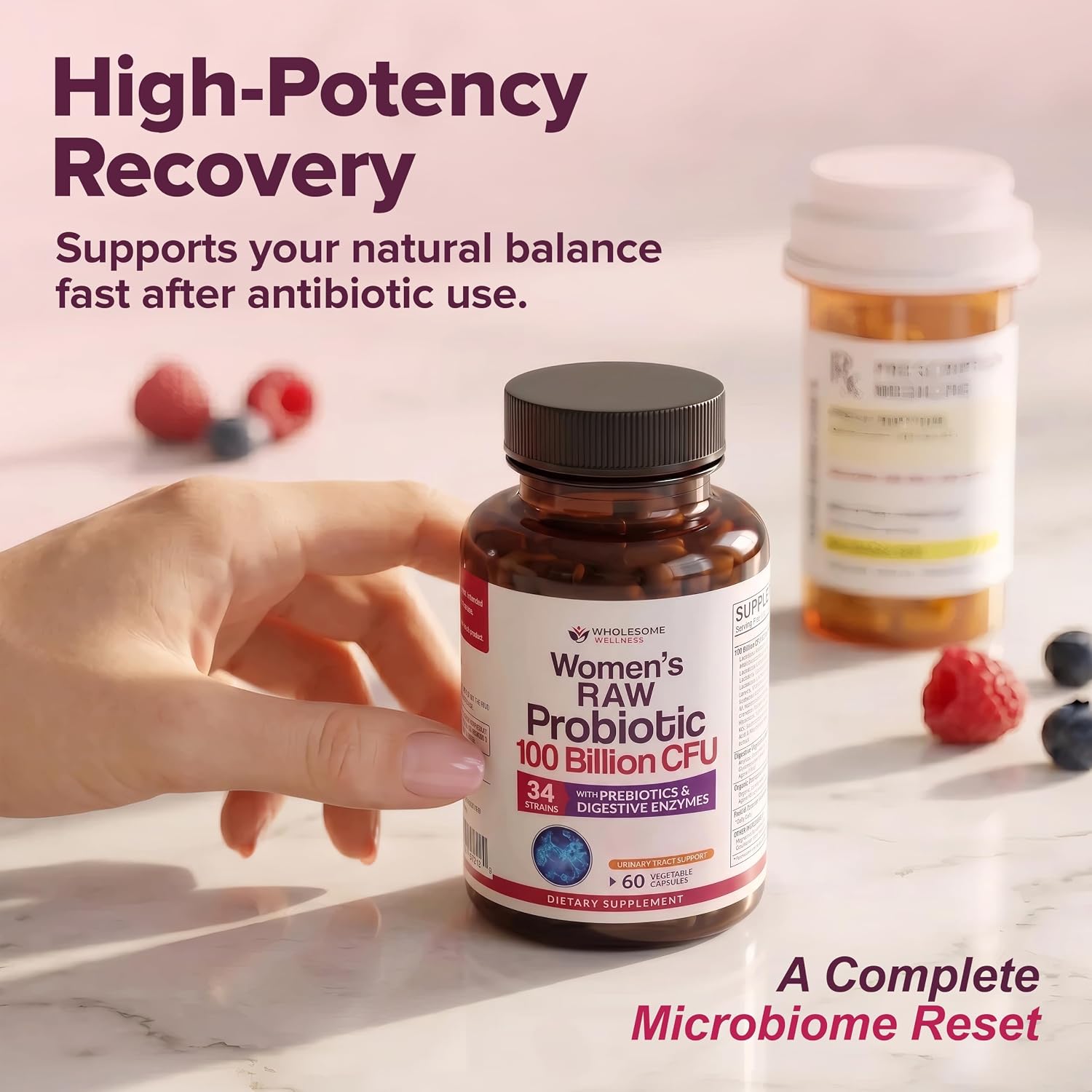 Wholesome Wellness Dr. Formulated Raw Probiotics for Women 100 Billion CFUs Capsules with Prebiotics, Digestive Enzymes, Approved for Adults