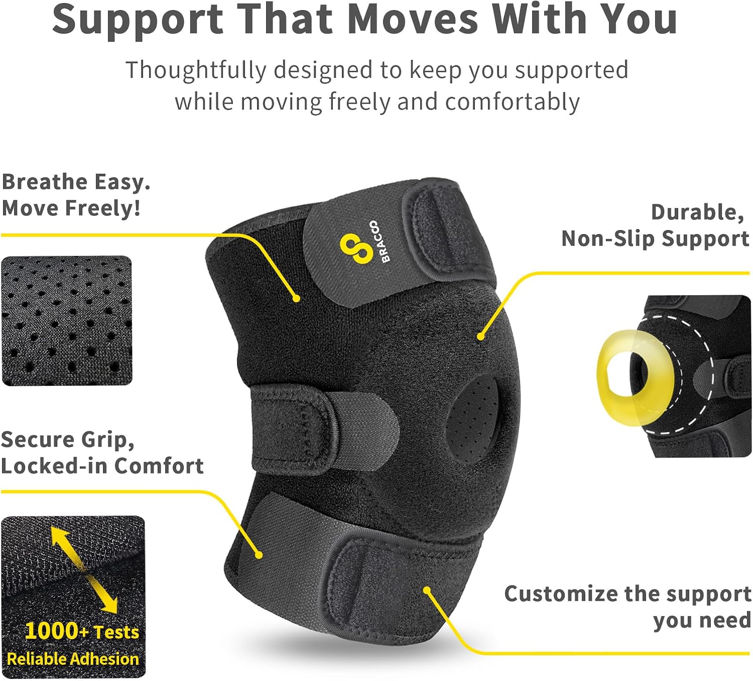 Bracoo Knee Support Brace for Men Women, Adjustable Compression Sleeve Wrap Patellar Pad Tendon - Arthritis Pain, meniscus tear, Injury Recovery, Running, Workout, KS10