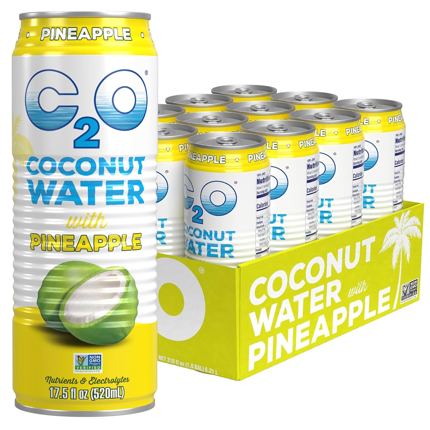 C2O - Coconut Water with Pineapple (12 Pack) - Made with Fresh Coconut Water - Plant Based - Non GMO - Canned Water - Natural Hydration, Essential Electrolytes, & Potassium - 12 Cans, 17.5 FL OZ