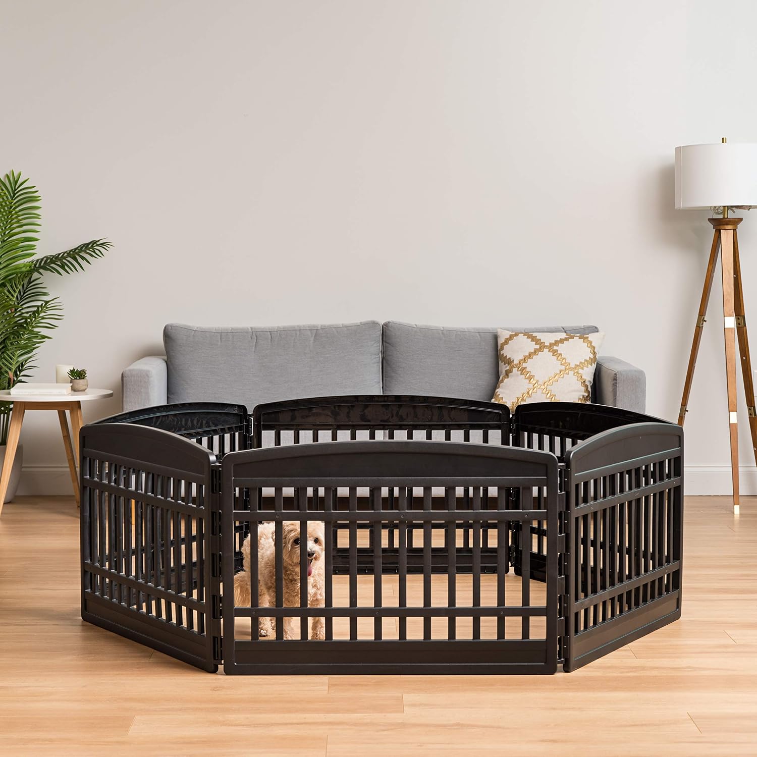 IRIS USA 4-Panel Dog Playpen, Pet Enclosure, Black | Pet Containment, Configurable Layout, Multi-Shape Setup, Custom Pen Configuration, Stable Non-Tip Base, Tool-Free Assembly