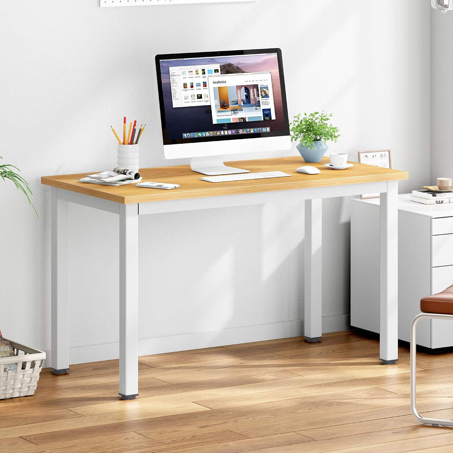 DlandHome 47 inches Medium Computer Desk for Bedroom, Retro