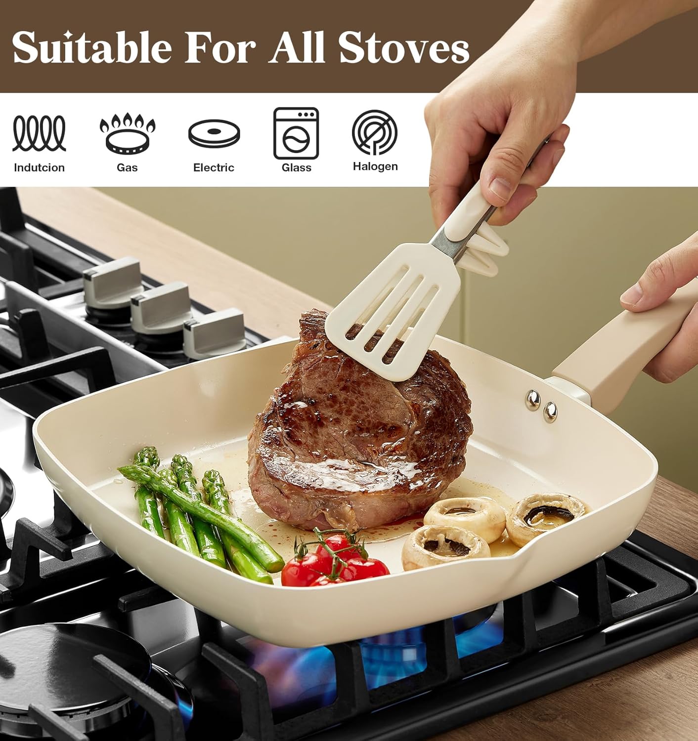 KOCH SYSTEME CS 9.5 Inch Nonstick Grill Pan for Stove Tops, Marble Coating Square Grill Skillet with Lid, Fry Pan Compatible with all Stoves