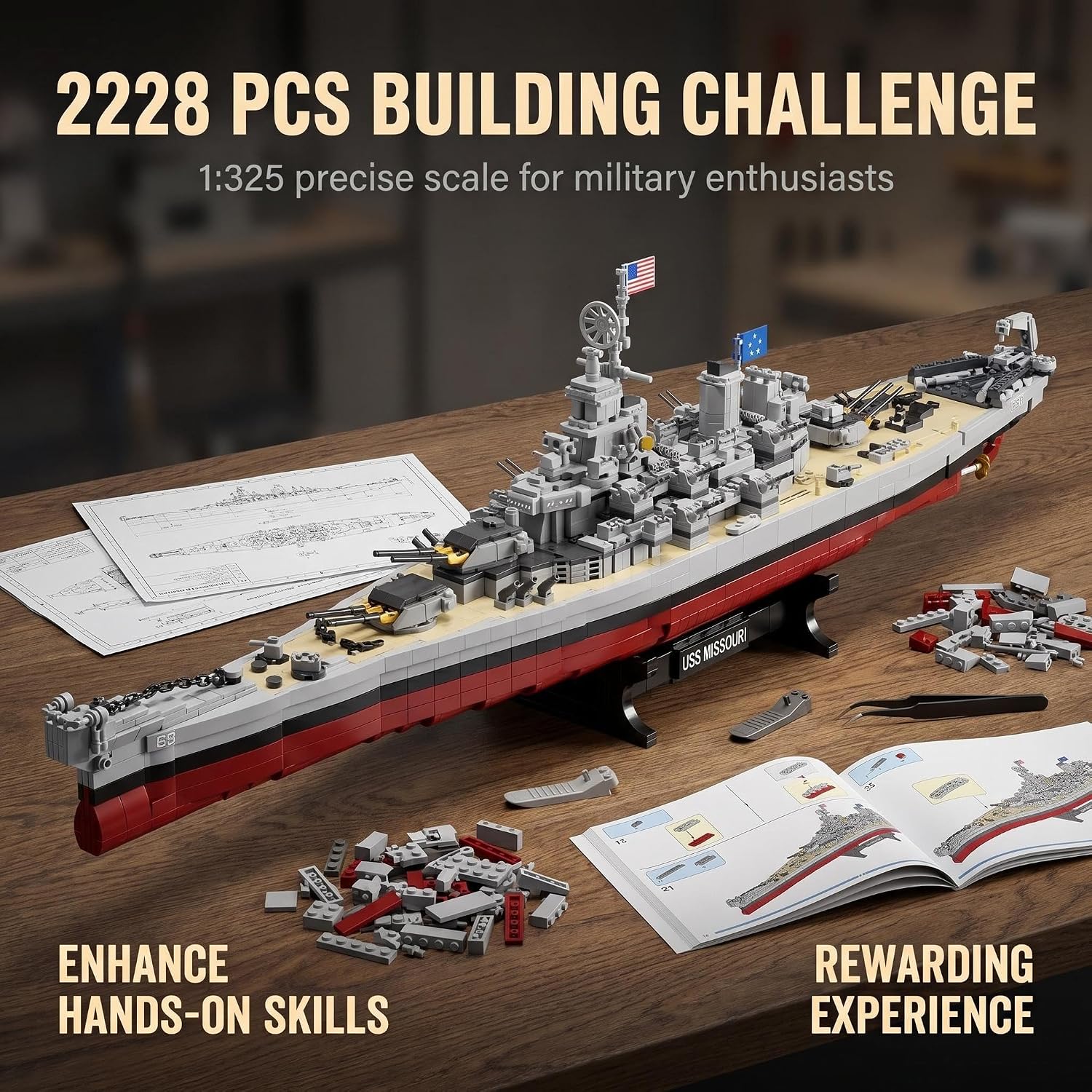 USS Missouri Battleship Building Blocks Set, 2228PCS WW2 Military Series Warship Model Building Kit