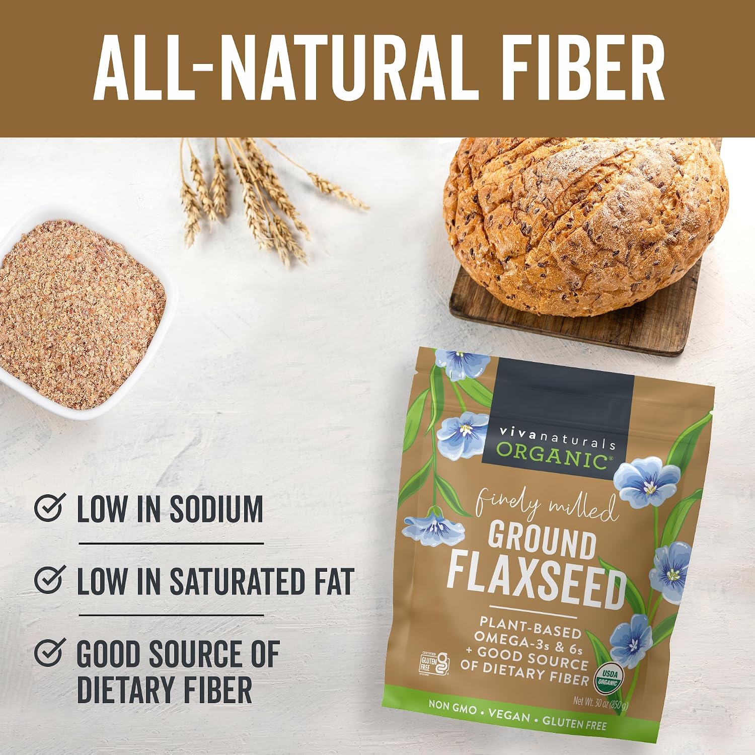 Viva Naturals Organic Ground Flaxseed, 15 oz (425 g) – Plant-Based Protein, Vegan Omega-3 & Fiber, Finely Milled Flax Seeds, Perfect for Smoothies & Baking