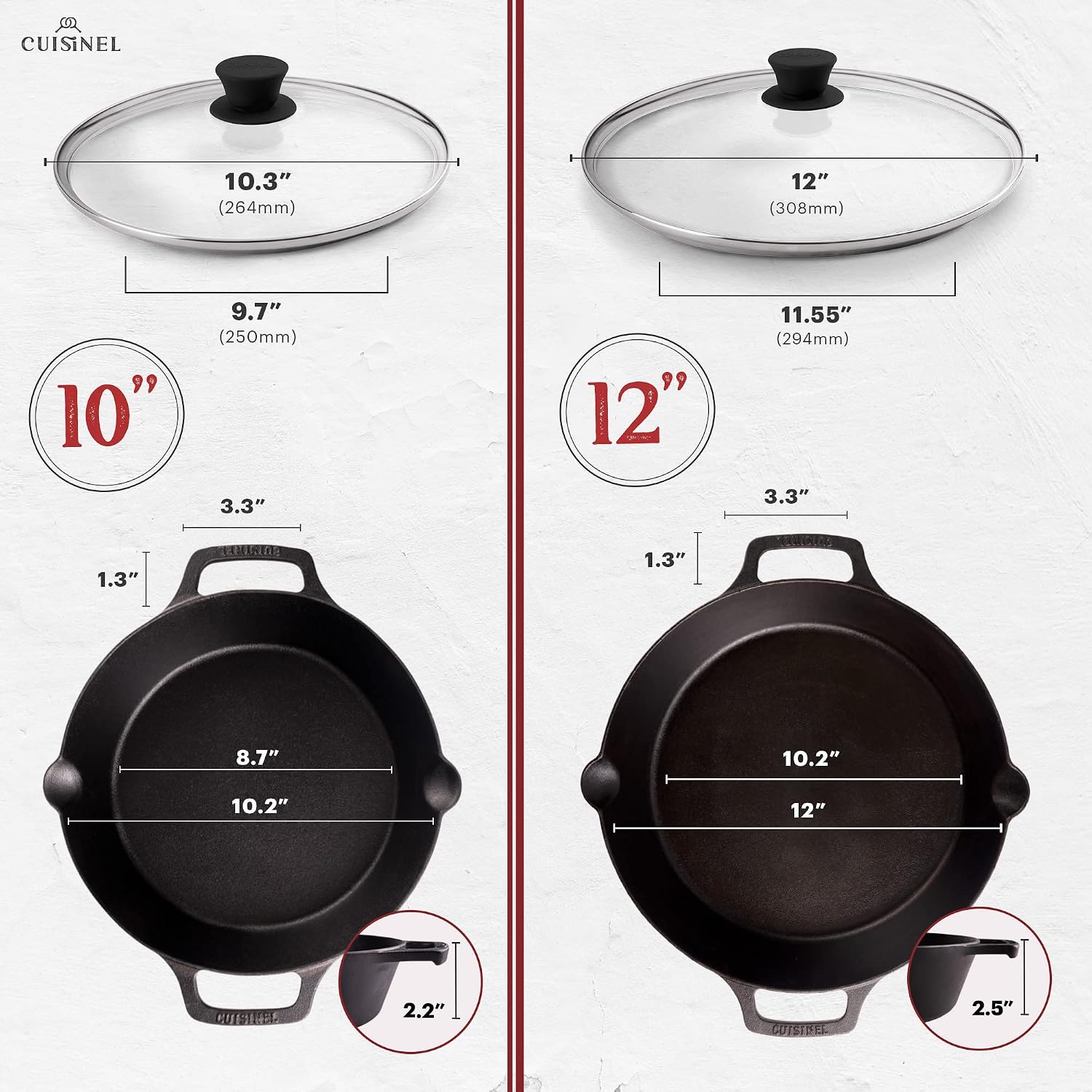 Cuisinel Cast Iron Skillet with Lid - 10"-Inch Pre-Seasoned Frying Pan + Glass Cover + Heat-Resistant Handle Holder - Indoor/Outdoor Use - Grill, Stove, Camp Firepit, Induction - Oven Safe Cookware