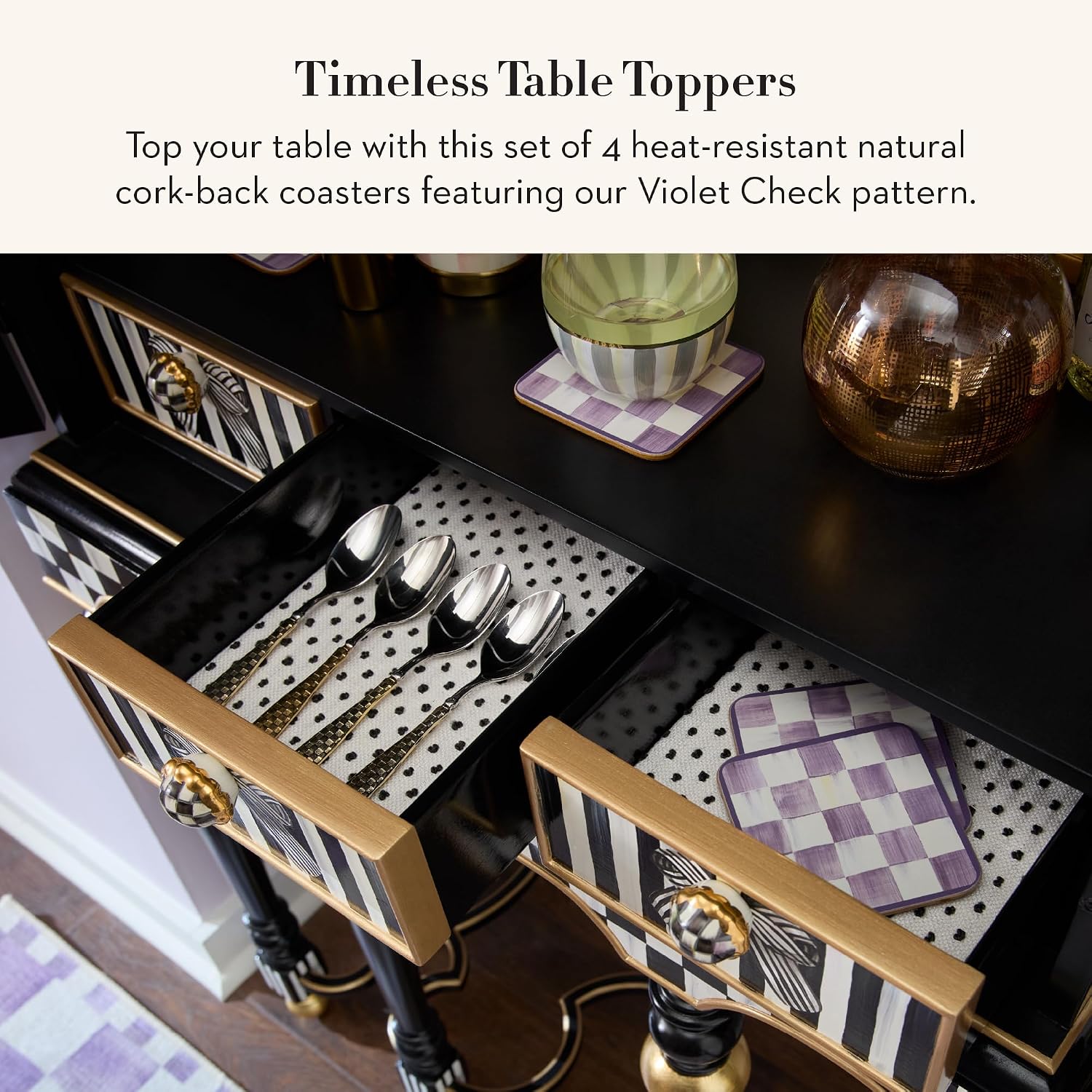 MACKENZIE-CHILDS Square Coasters Set, Black-and-White Courtly Check | Hand-painted design, made from MDF with a cork back, table coasters for drinks, 4" square, set of 4