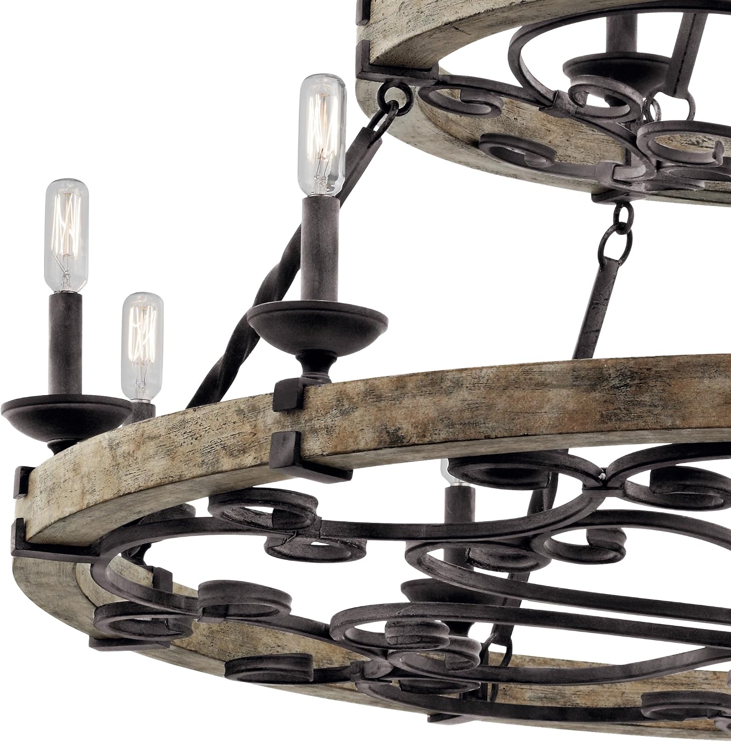Kichler Taulbee 15-Light 2-Tier Chandelier, Weathered Zinc | Two-tier chandelier with weathered gray wood accents (44" x 38.75"), 43826WZC