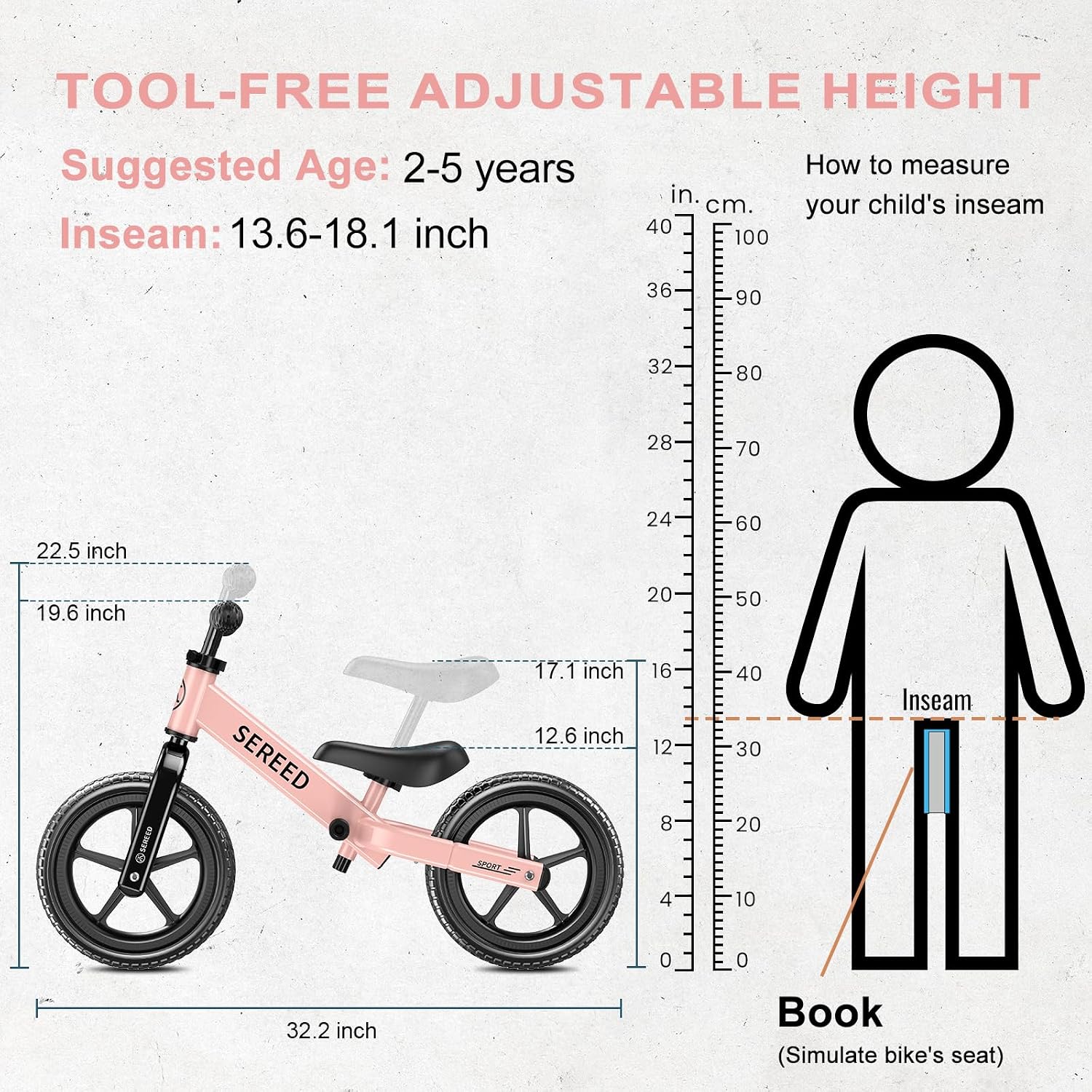 SEREED Toddler Balance Bike 2 Year Old, Gift for 2-3 Boys Girls, Adjustable | No Pedal Kids Toy Bike for 2-5 Years Old, Customize Plate with 3pcs Stickers (White)