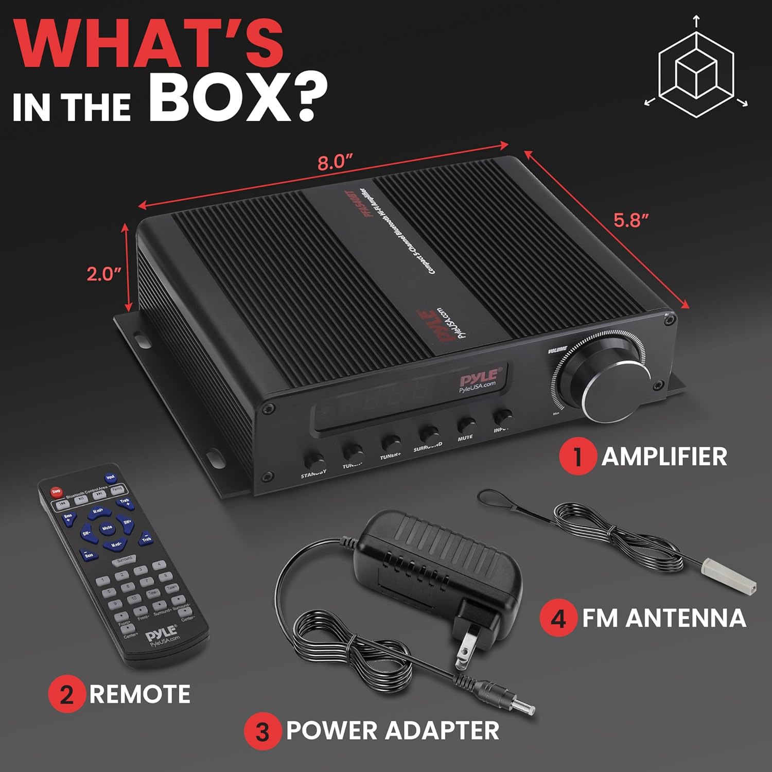 Pyle 100W 5 Channel Audio Amplifier - Wireless Bluetooth Home Theater Power Stereo Receiver with Surround Sound w/HDMI, AUX, FM Antenna