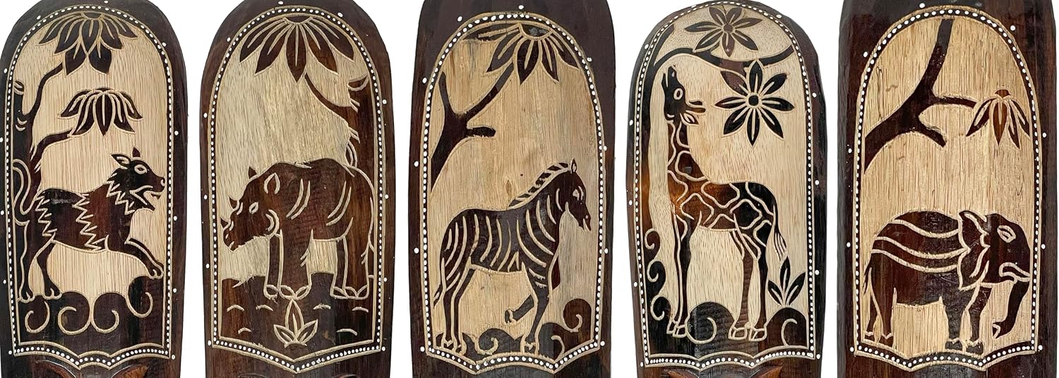 Zeckos Set of 5 African Animal Wall Masks, Hand-Carved Wood, 20 Inch | Painted Black Backdrop with Natural Grain