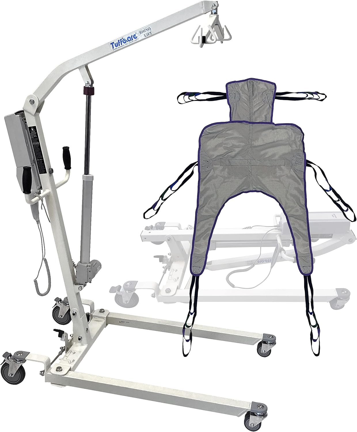 Electric Patient Lift - Rhino Lift with Manual Low Base - with Universal Divided Leg Sling(Large), 450 lb. Weight Capacity.