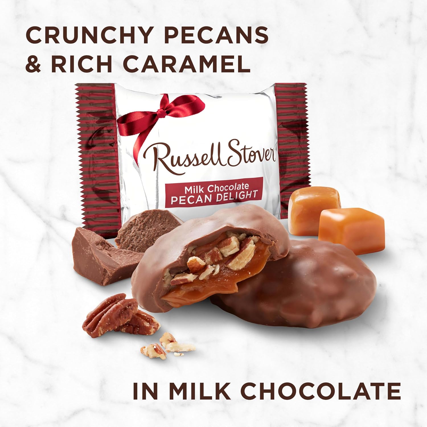 Russell Stover Pecan Delight Gusset Bag 16.10 Ounce Russel Stover Milk Chocolate Covered Candy Pack, Crunchy Pecans and Buttery Caramel Covered In Sweet Milk Chocolate Candy, Individually Wrapped | Individually Wrapped Pieces, Crunchy Pecans, Buttery Car…
