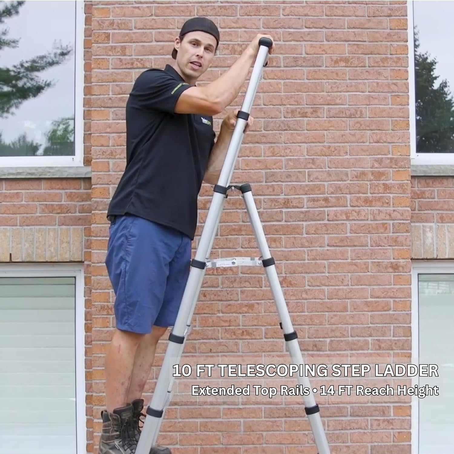 Telesteps 14ES Telescoping A-Frame Ladder – 10 ft Height, 14 ft Reach | Type 1AA 375 lb Rated | One-Touch Folding Aluminum Ladder with Stair Offset