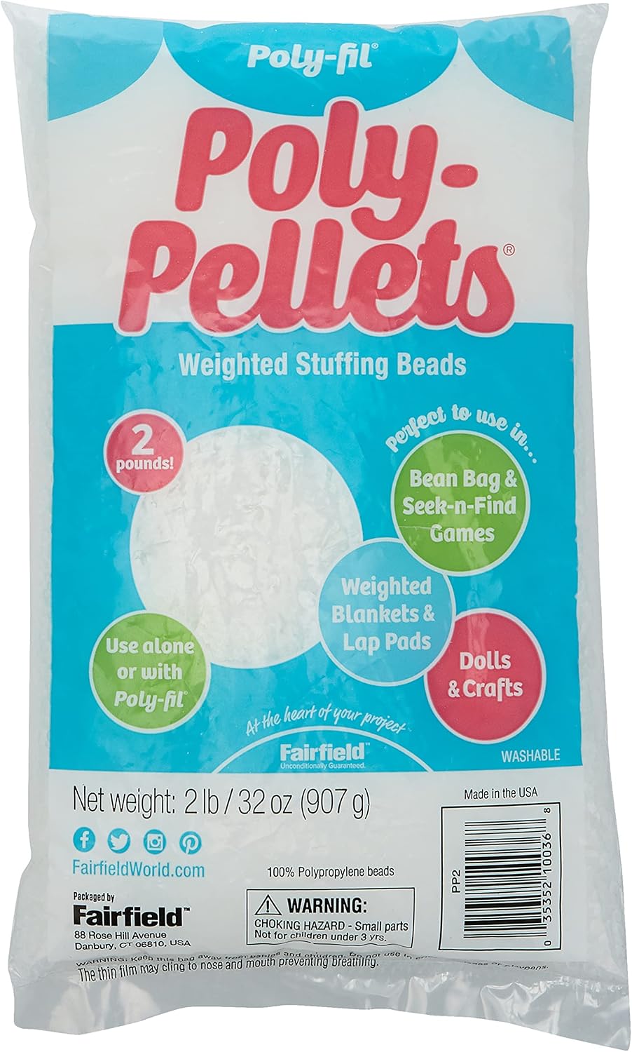 Poly-Fil Fairfield Poly-Pellets Weighted Stuffing Beads, 32-Ounce Bag, 1 Pk | Polypropylene, Smooth Oval Shape, for Weighted Stuffed Animals, Dolls