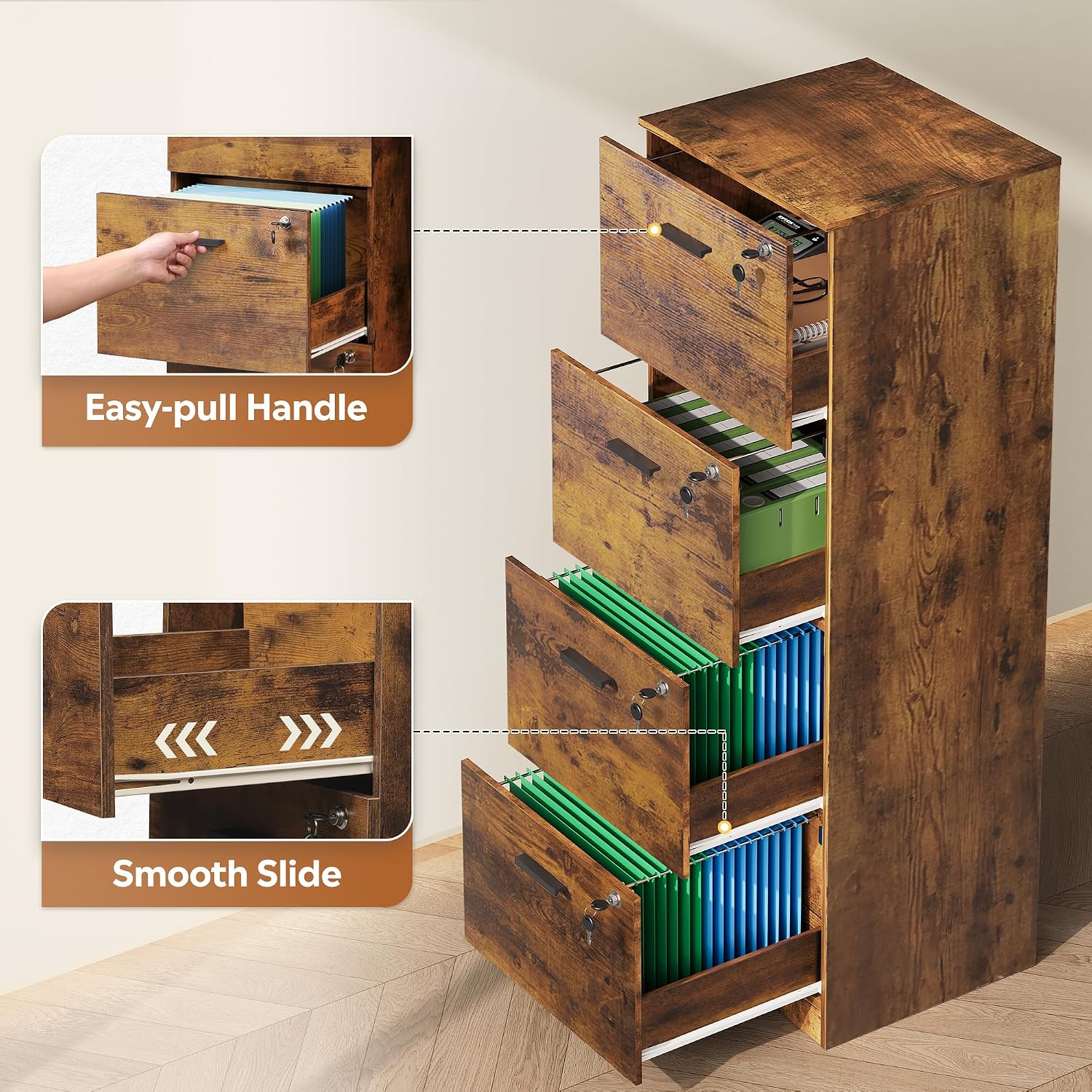 DEVAISE 3 Drawer Wood File Cabinet with Lock, Fits Letter and A4 Size | Wooden Tall Vertical Filing Cabinet, Home Office Printer Stand, Easy Assembly, White