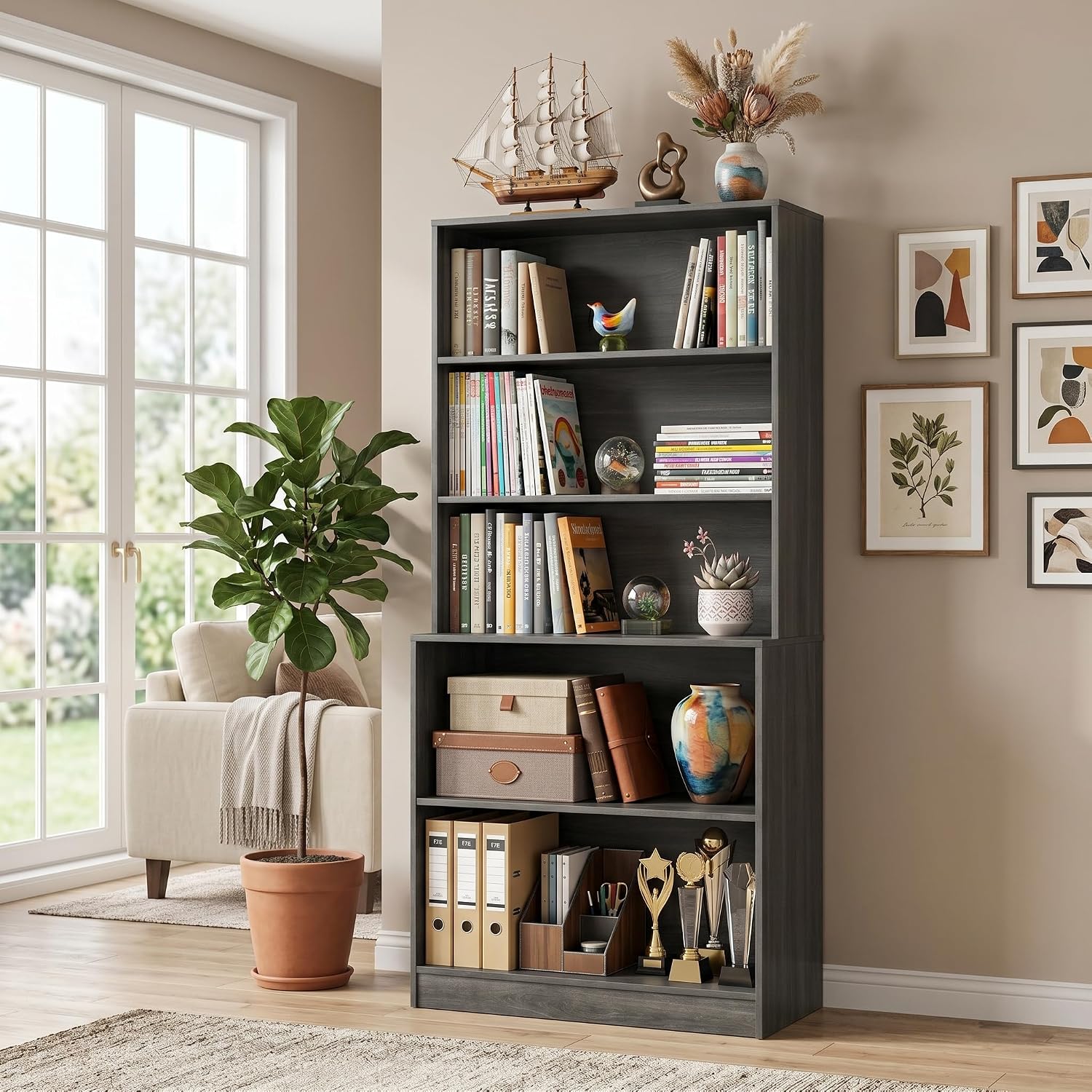 holzart 71" Tall Book Shelf, 5 Tier Large Bookshelf, Standing Wood Display Book Shelf for Living Room, Office, Library with Doors, 31.5" W x 70.87" H x 11.81" D, White