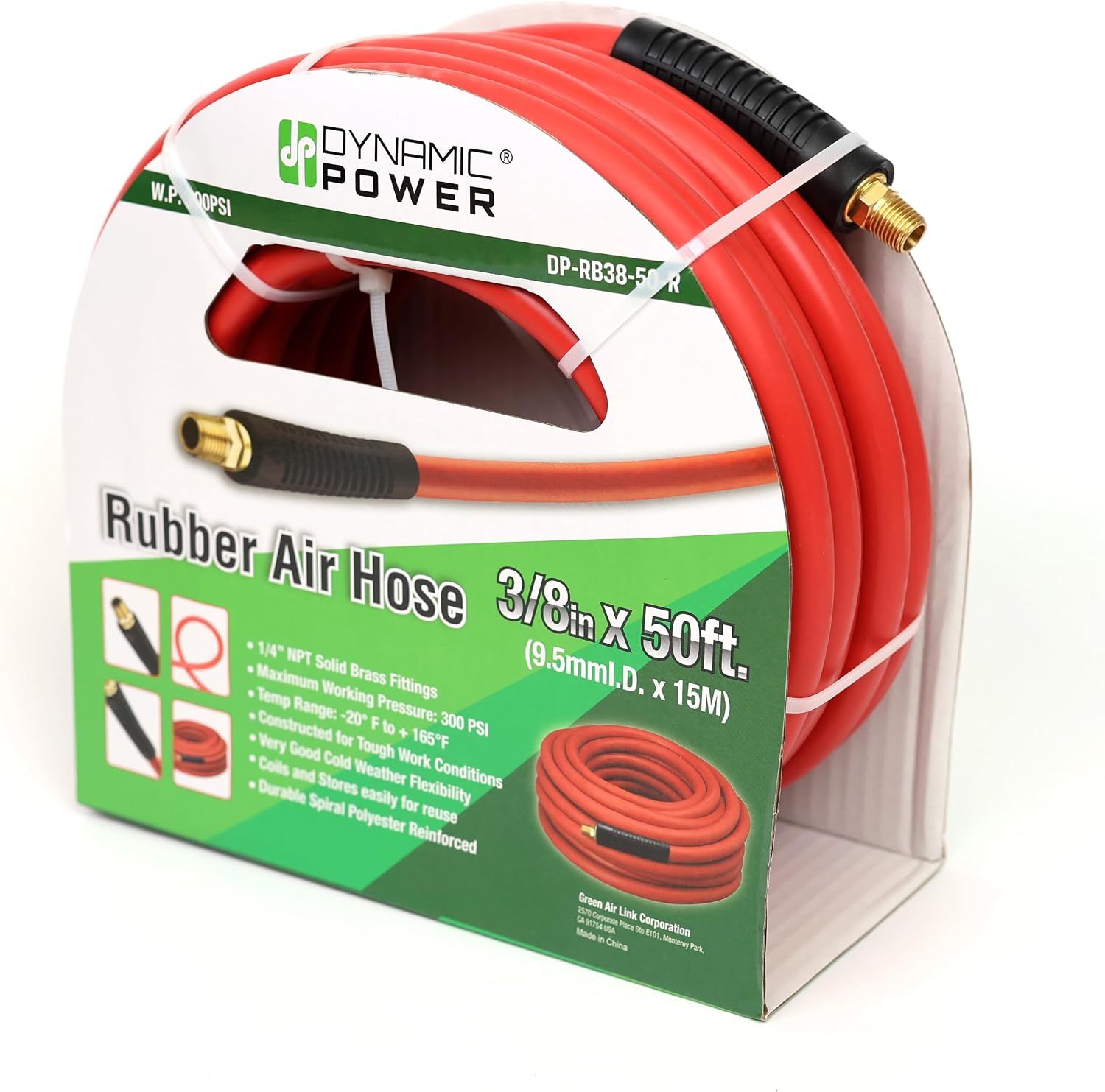 DYNAMIC POWER 3/8" x 50' Rubber Air Hose - 300 PSI - Assembly with 1/4" Male Pipe Thread Fittings & Bend Restictors (Red)