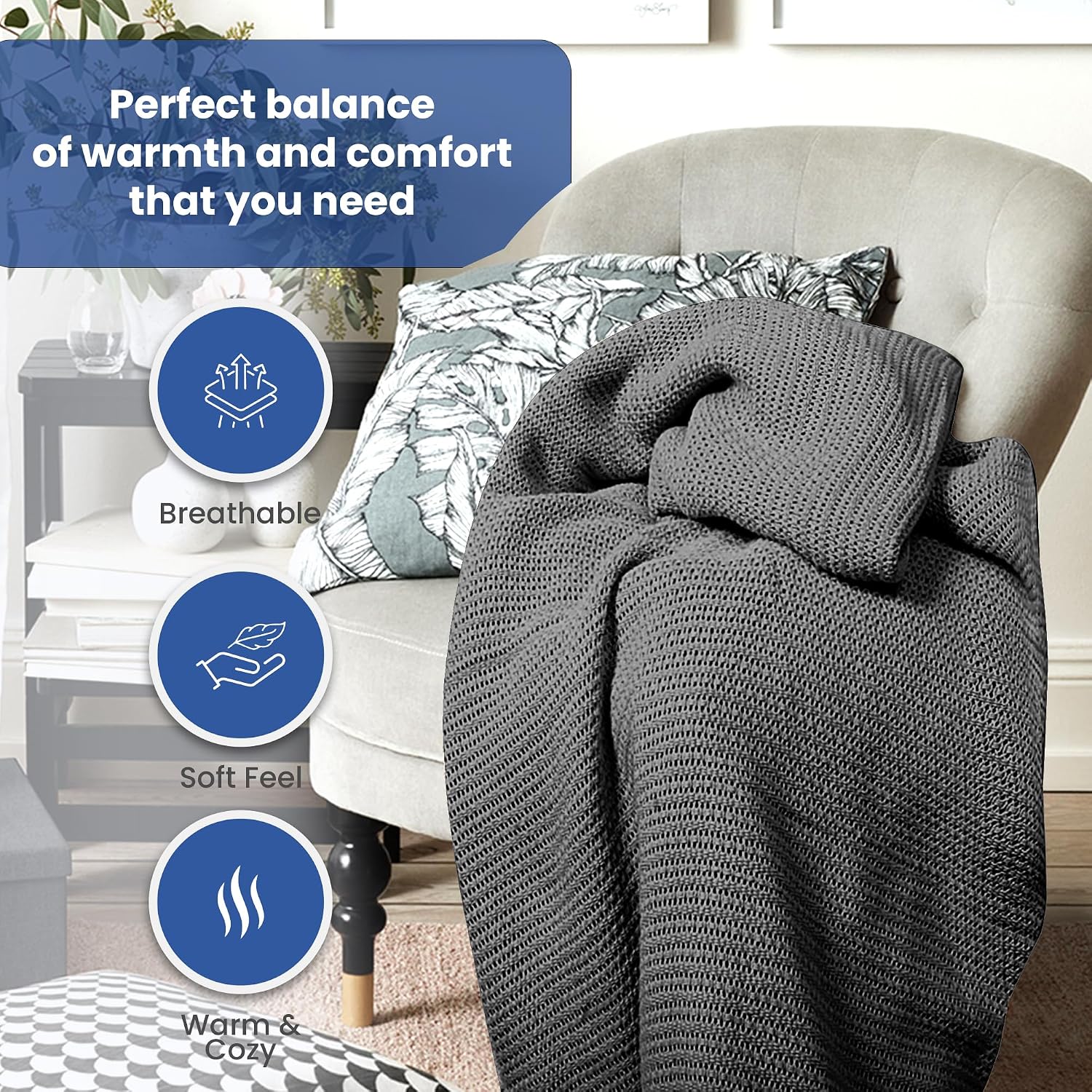 Linteum 100% Cotton Open-Cell Leno Weave Blanket — Breathable All Season — Queen 90x90 — Ice Grey