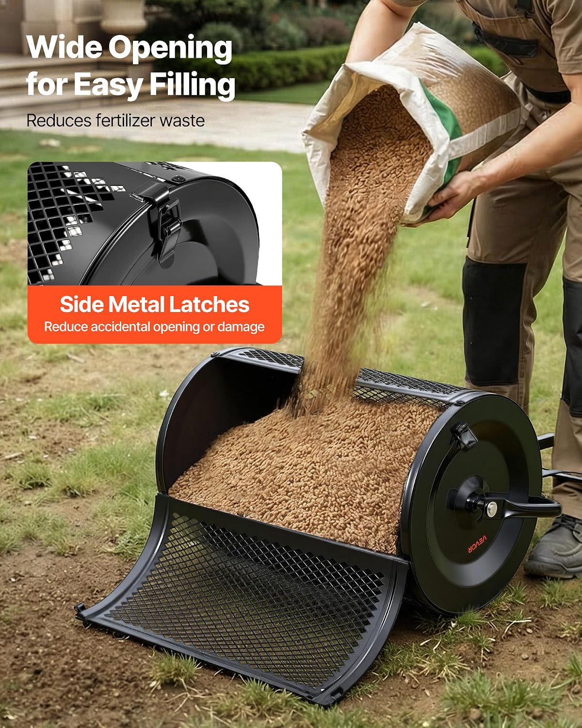 VEVOR Compost Spreader, 36" Wide Peat Moss Spreader with Push/Tow Handle, 4 Heights Adjustable, Powder-Coated Steel Garden Peat Moss Roller, Heavy Duty Grass Seed Roller for Planting Seeding, Black
