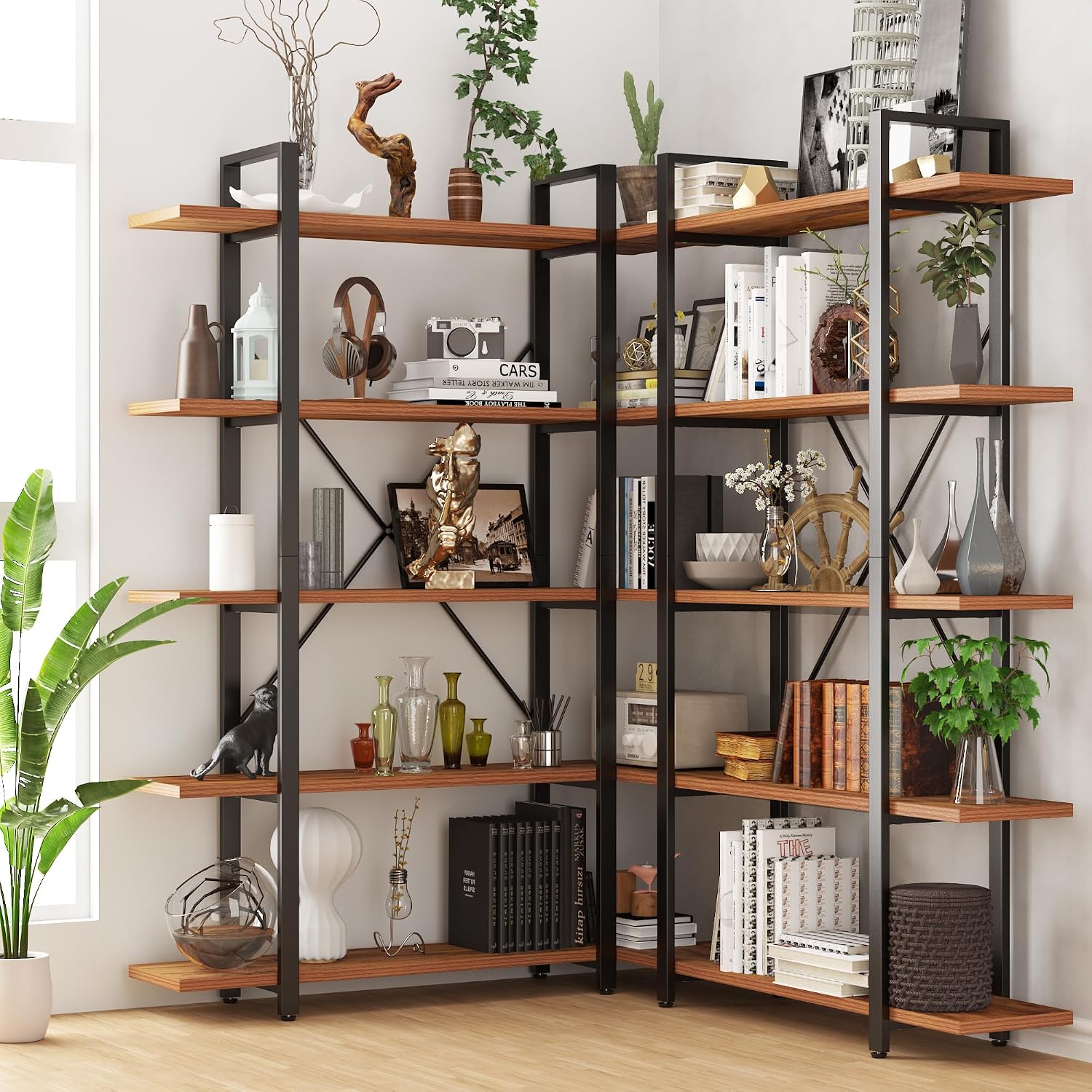 BATHWA Wood and Metal Minimalist 5 Tier Bookshelf, 6 feet Tall Open Rustic Wide Bookcase Industrial Style
