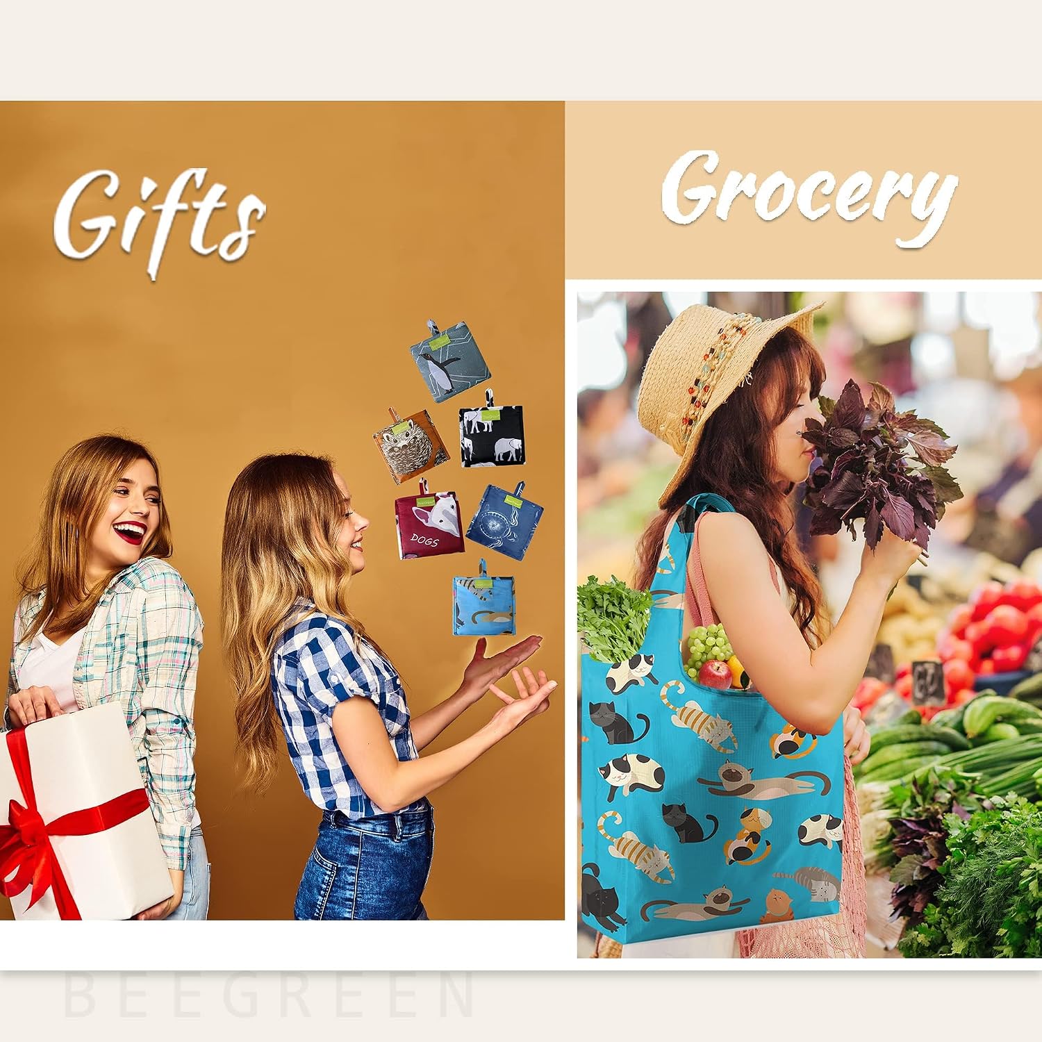 BeeGreen Grocery Bags | Reusable Gift Bags, Large Tote for Women & Foldable Beach Bag - 6 Pack Reusable Bag With Handles | Collapsible Cute Cloth Storage for Market, Holiday & Shopping | Washable​