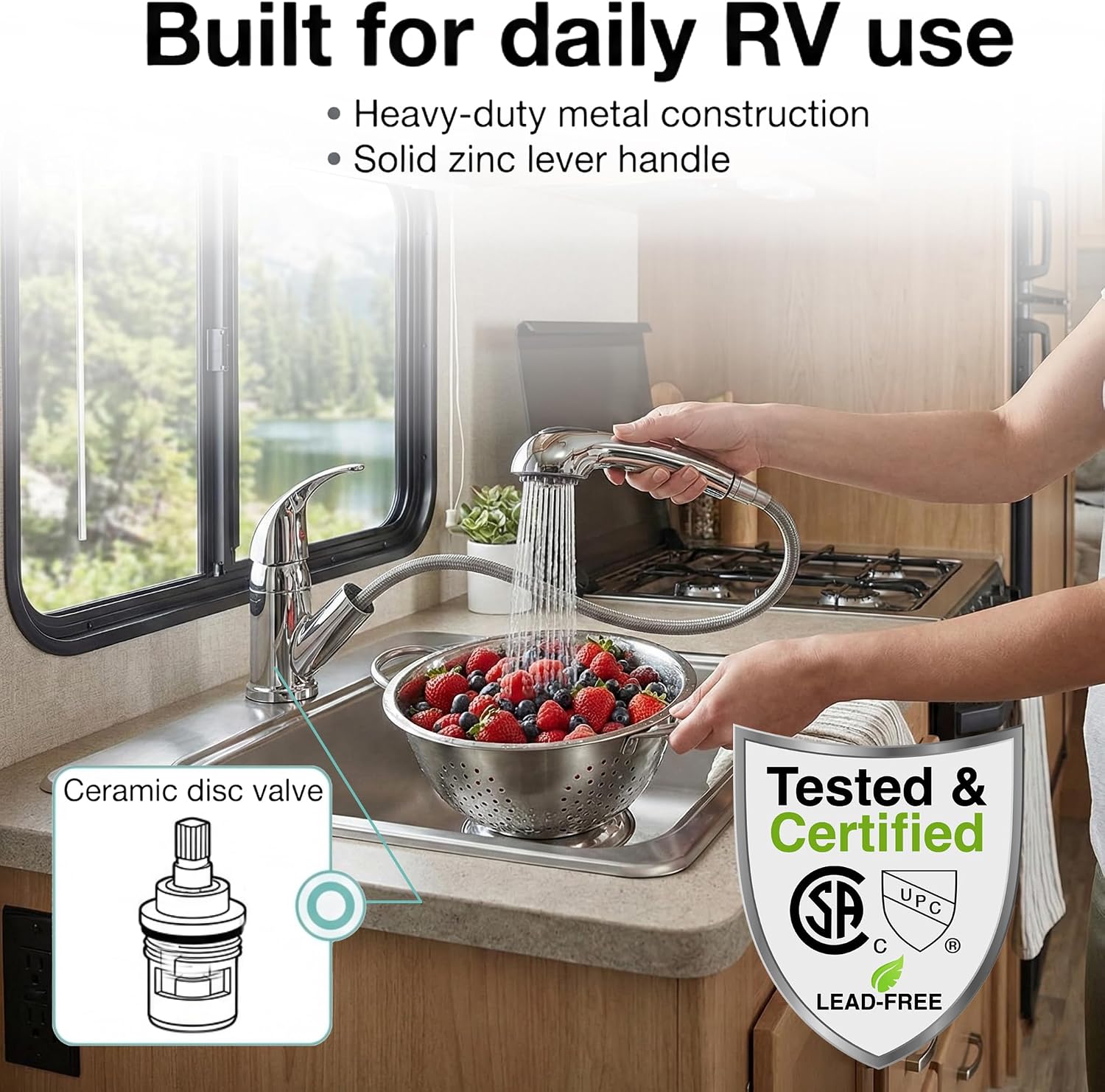 Dura Faucet DF-NMK852-WT RV Pull-Out Swivel Kitchen Sink Faucet (White) | One-hole, single-handle design with smooth lever control for galley cleanup. Easy DIY install with common hand tools.