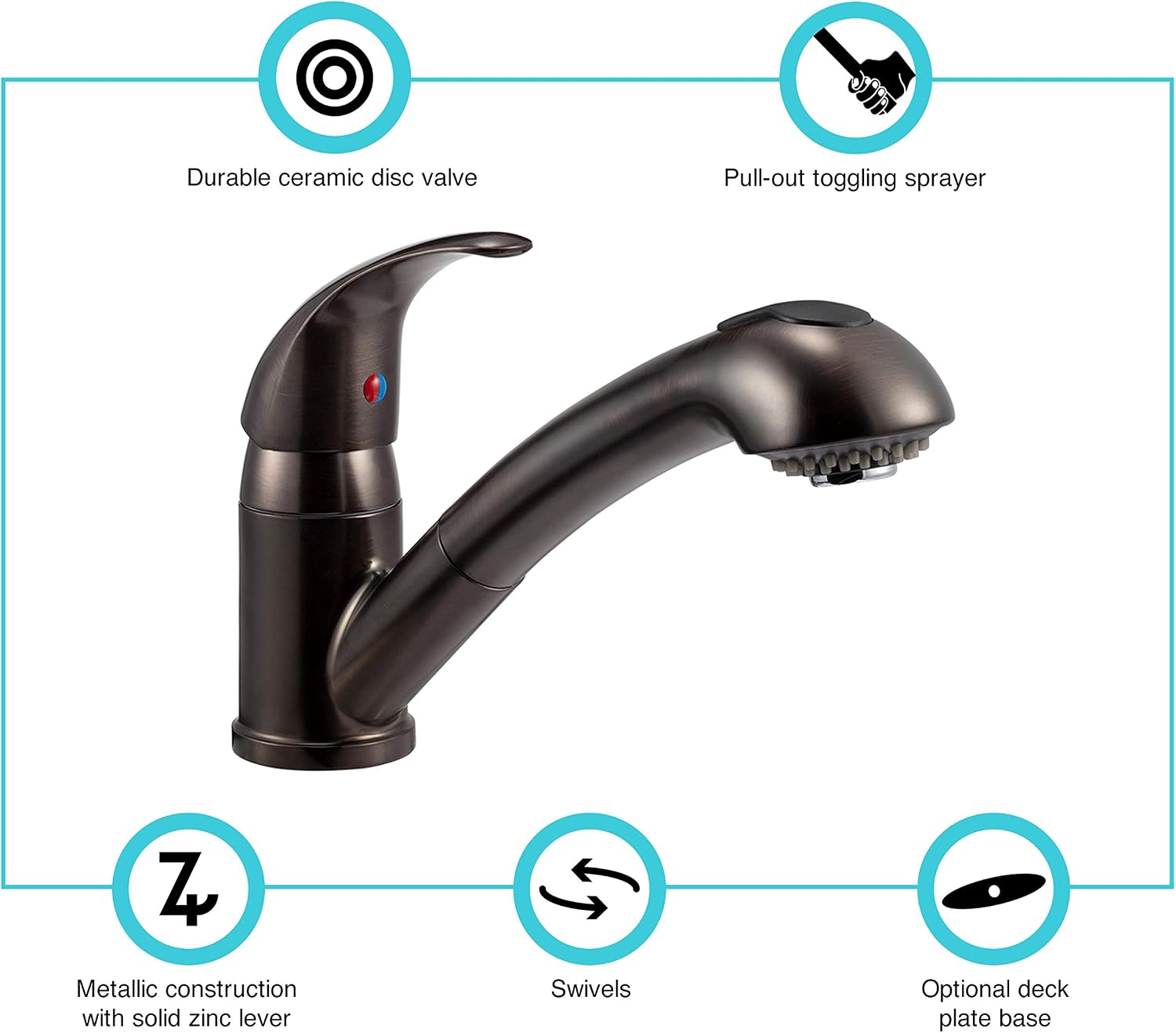 Dura Faucet DF-NMK852-WT RV Pull-Out Swivel Kitchen Sink Faucet (White) | One-hole, single-handle design with smooth lever control for galley cleanup. Easy DIY install with common hand tools.