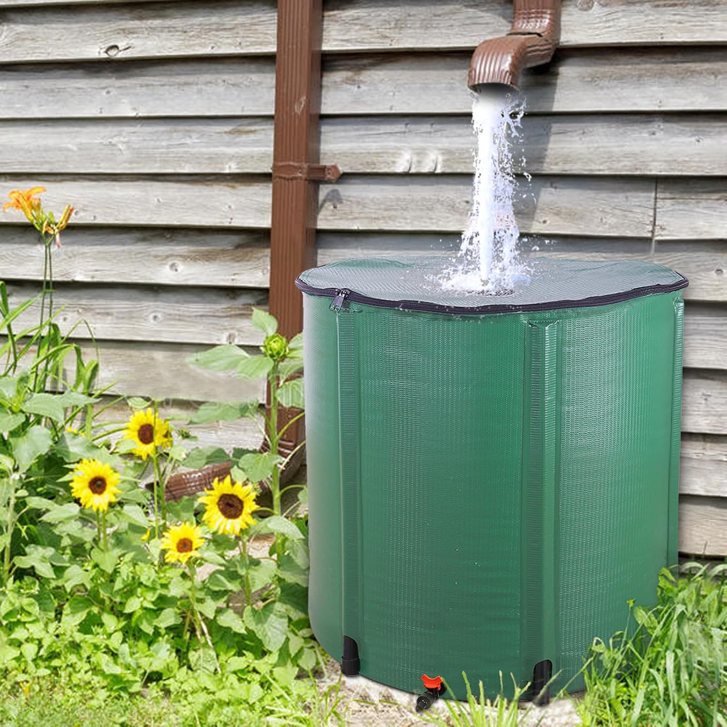 Collapsible Rain Barrel, Portable Water Storage Tank, Rainwater Collection System Downspout, Water Catcher Container (50 Gallon, Green)
