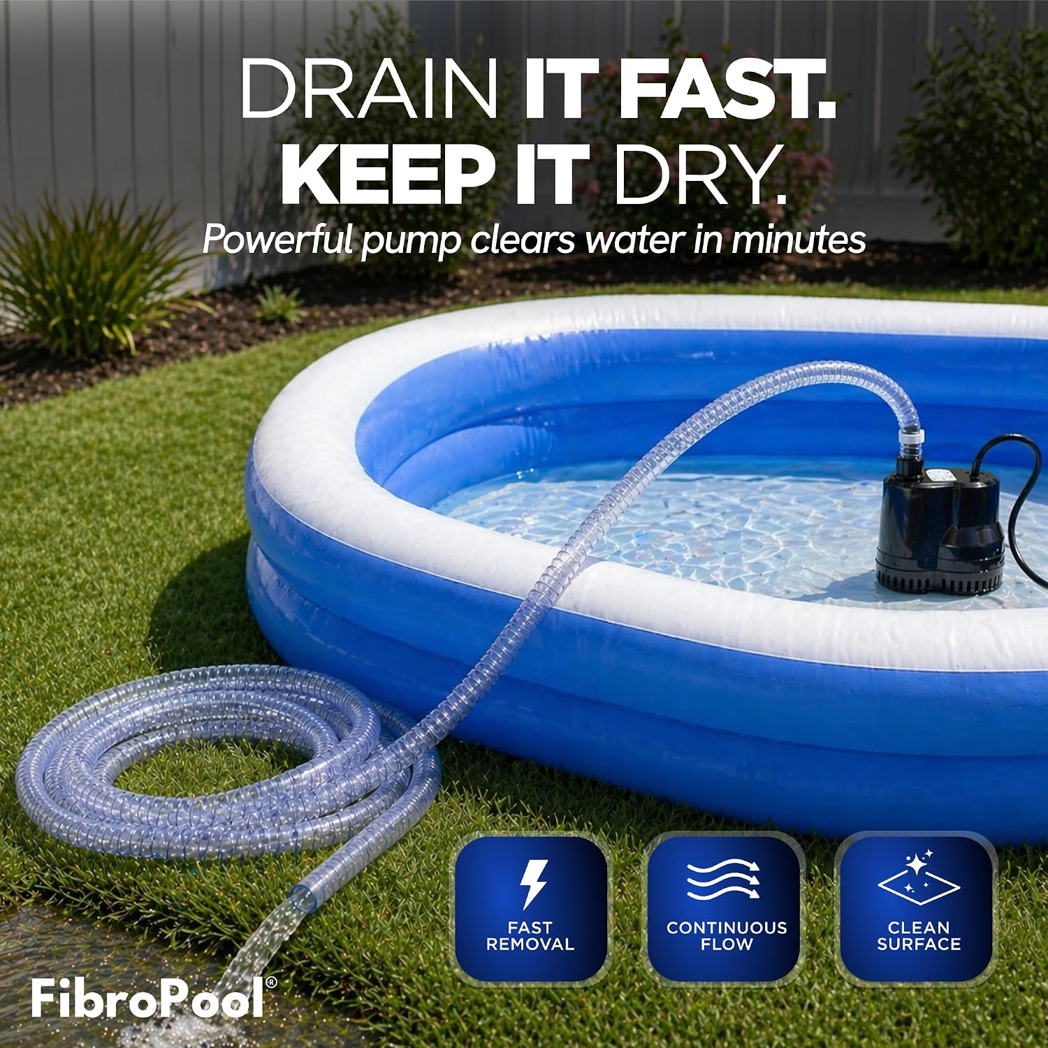 Pool Cover Pump - 75W 10 GPM 120V - 16 ft Hose - ABS Plastic | Submersible Design, Flat Base For Shallow Water, Manual Shut Off, 16 ft Power Cord