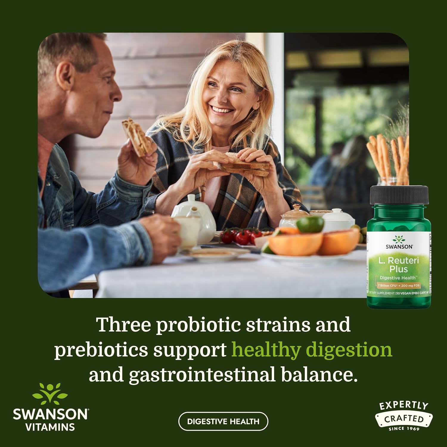 Swanson L. Reuteri Probiotic Plus, 7 Billion CFU, 30 Vegan Capsules | With Lactobacillus Rhamnosus, Acidophilus, and FOS Prebiotic for Gut-Health-Conscious Adults, Full-Spectrum Support